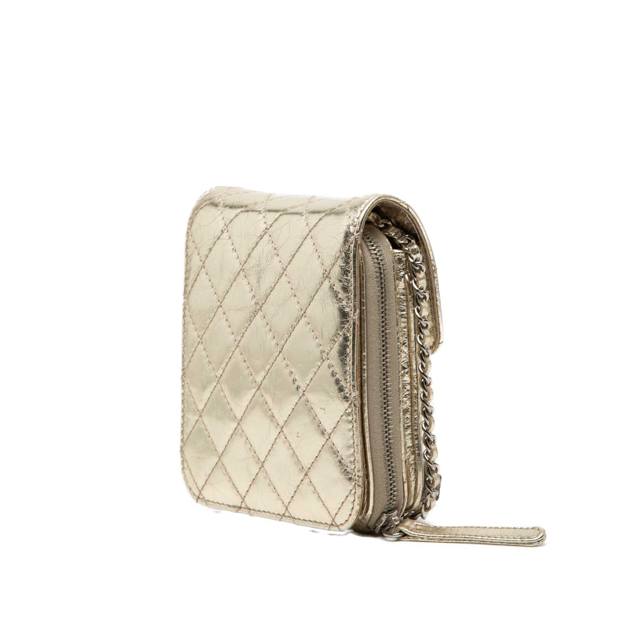 Chanel Quilted Metallic Aged Calfskin Clams Wallet on Chain
