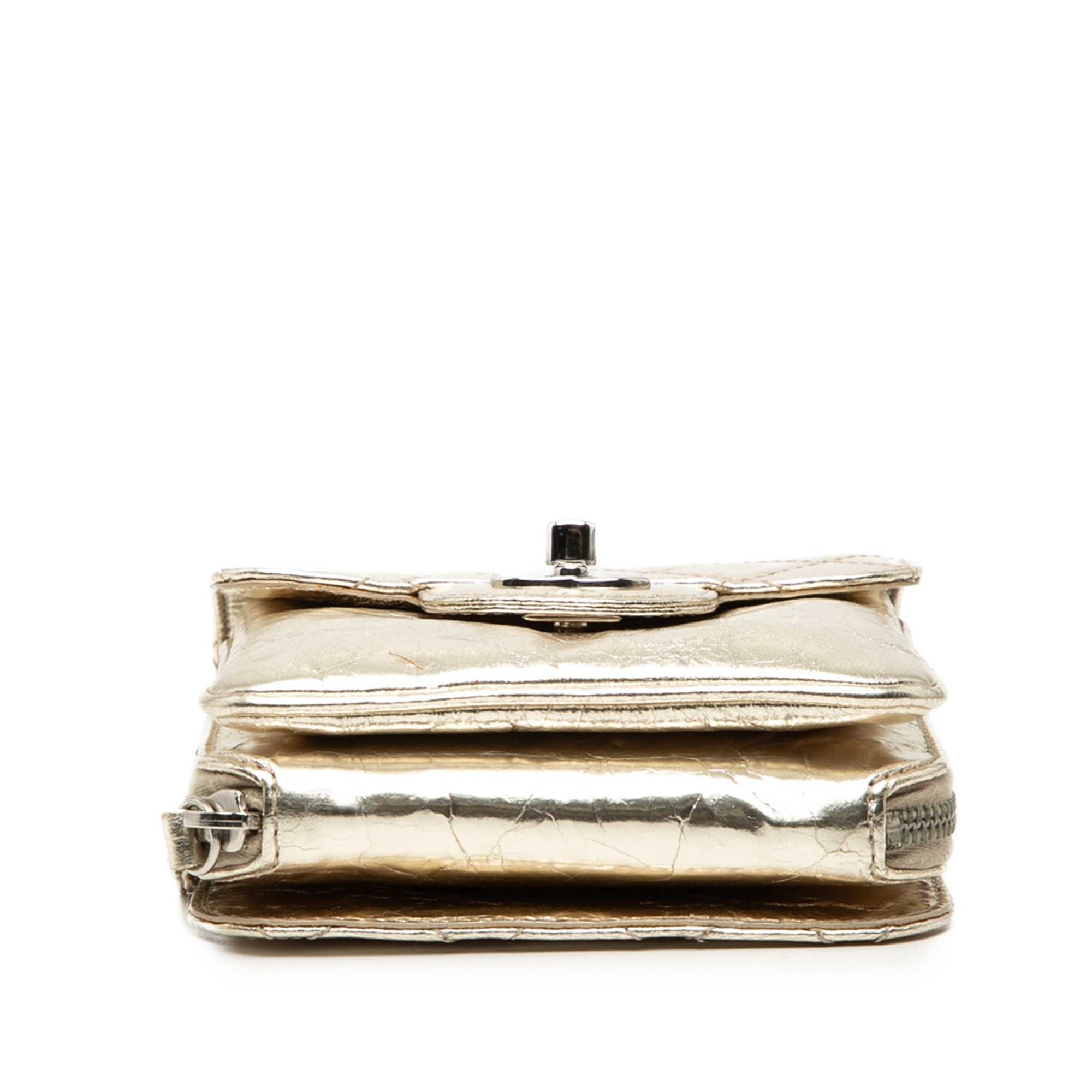Chanel Quilted Metallic Aged Calfskin Clams Wallet on Chain