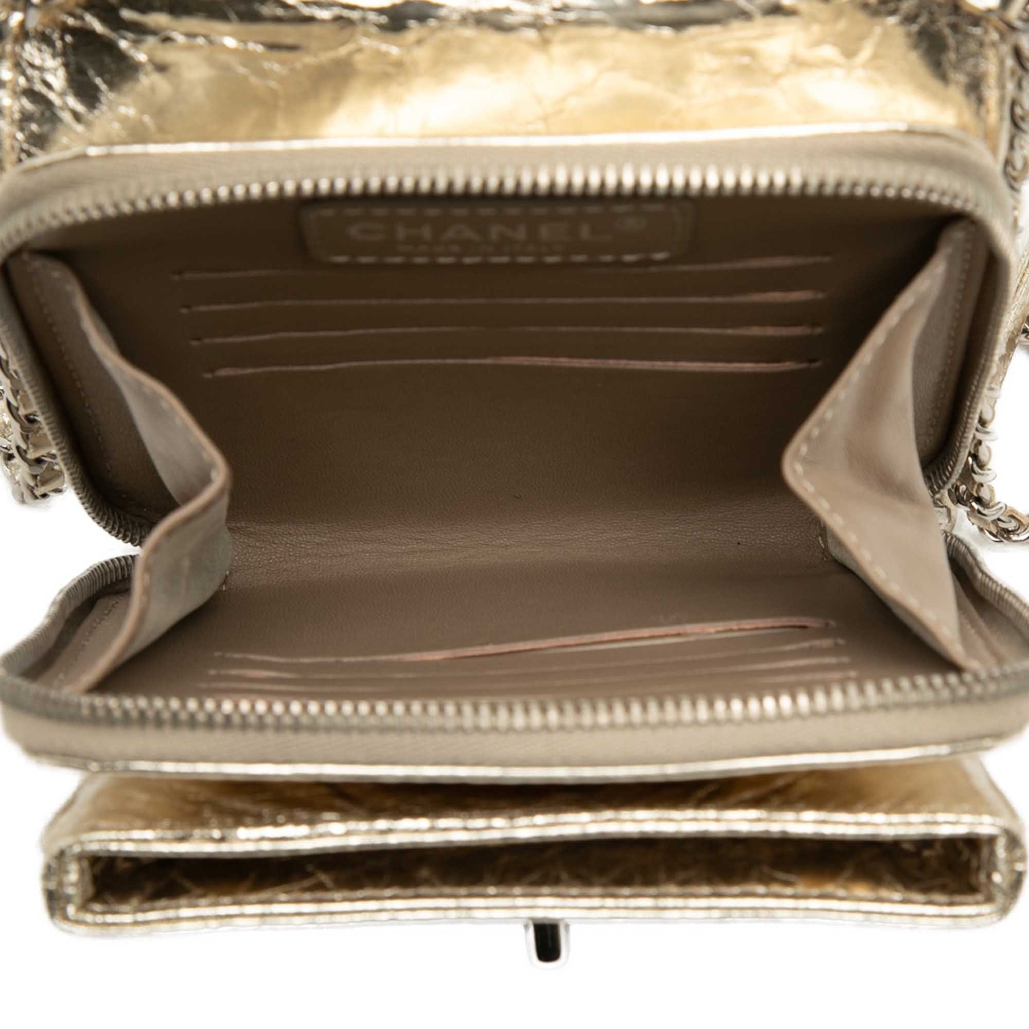 Chanel Quilted Metallic Aged Calfskin Clams Wallet on Chain