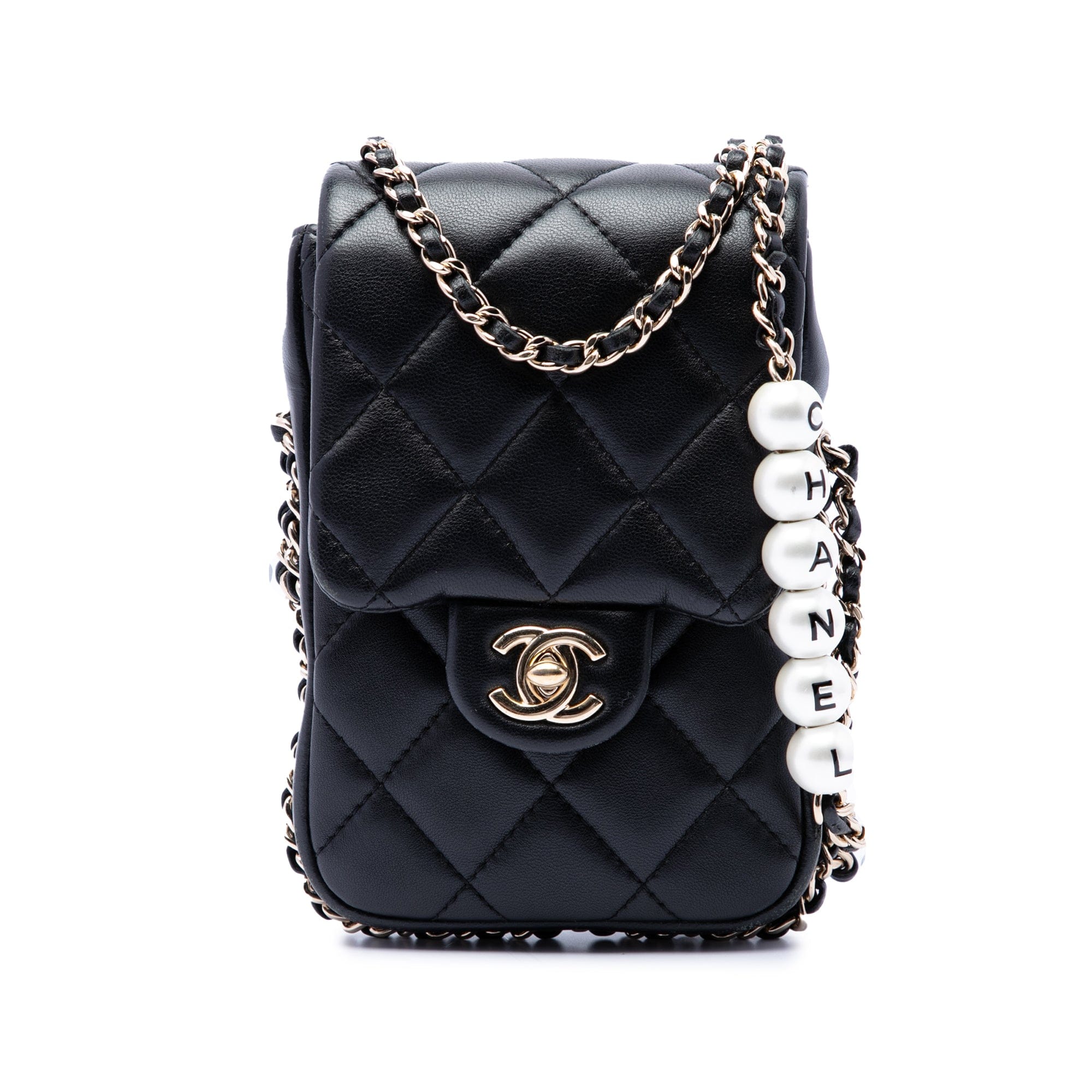 Chanel Quilted Lambskin My Precious Pearls Phone Holder with Chain
