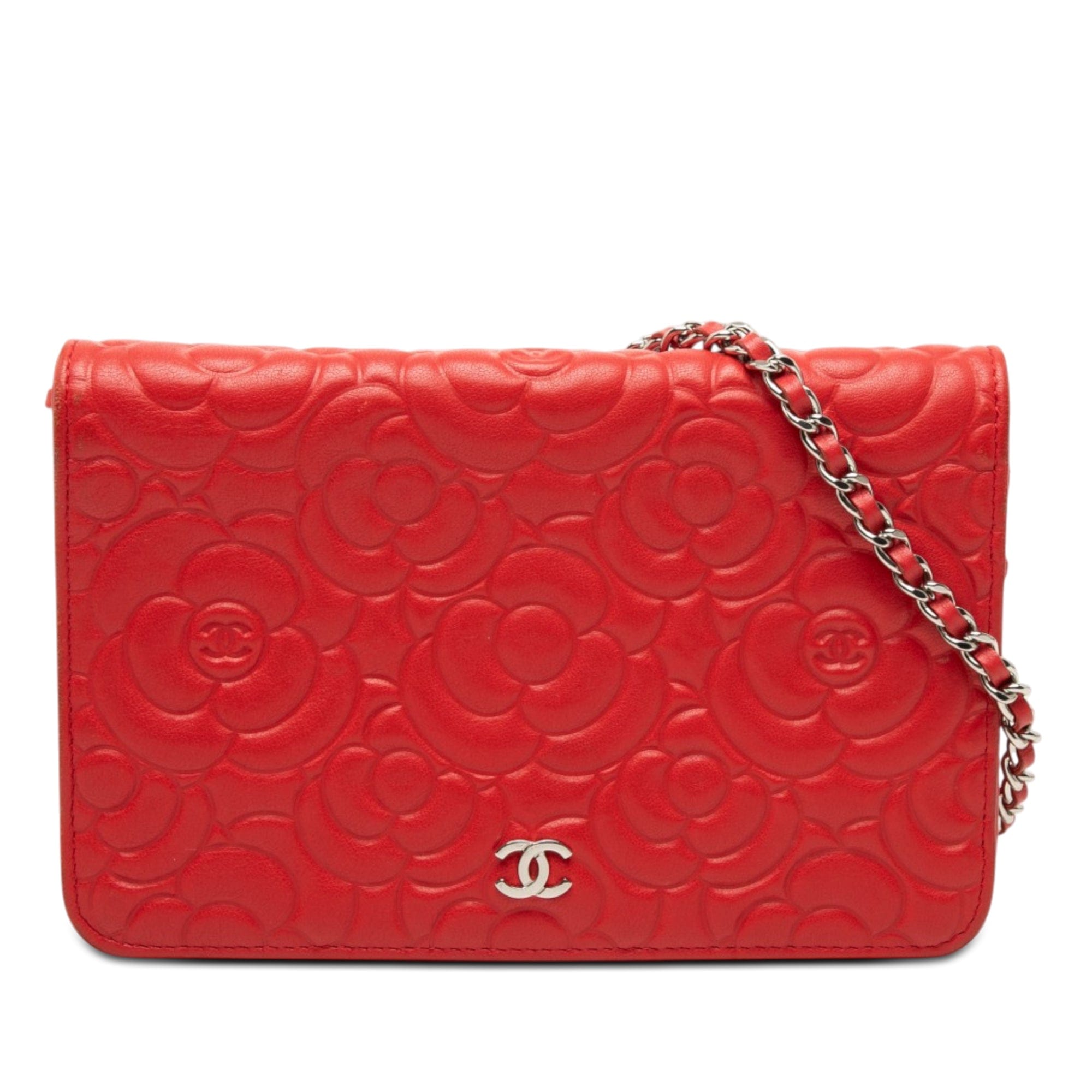 Chanel CC Embossed Lambskin Camellia Wallet On Chain