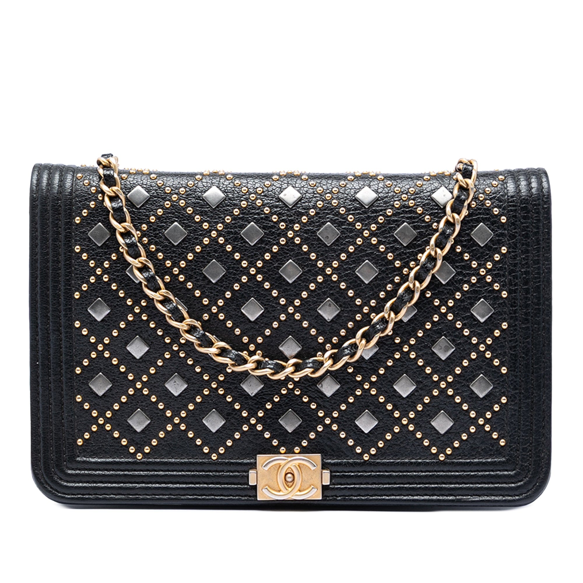 Chanel Studded Grained Calfskin Boy Wallet On Chain