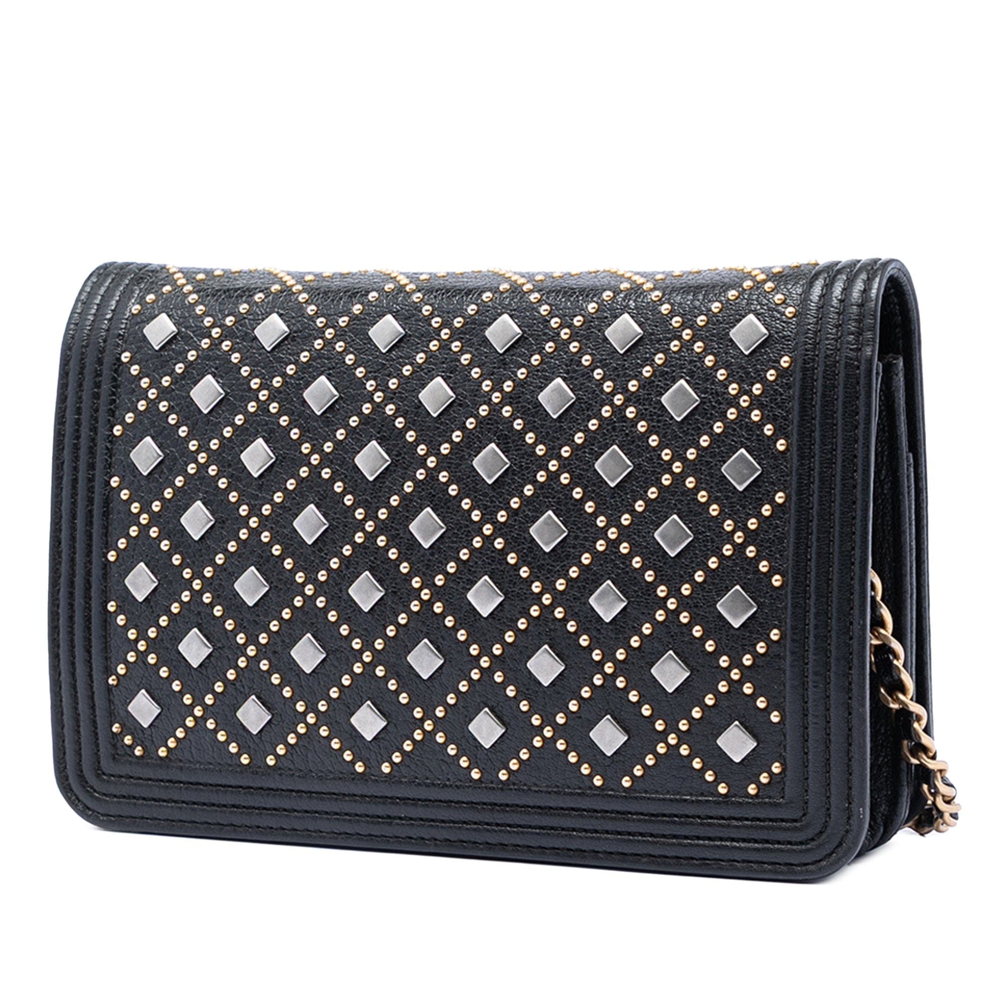 Chanel Studded Grained Calfskin Boy Wallet On Chain