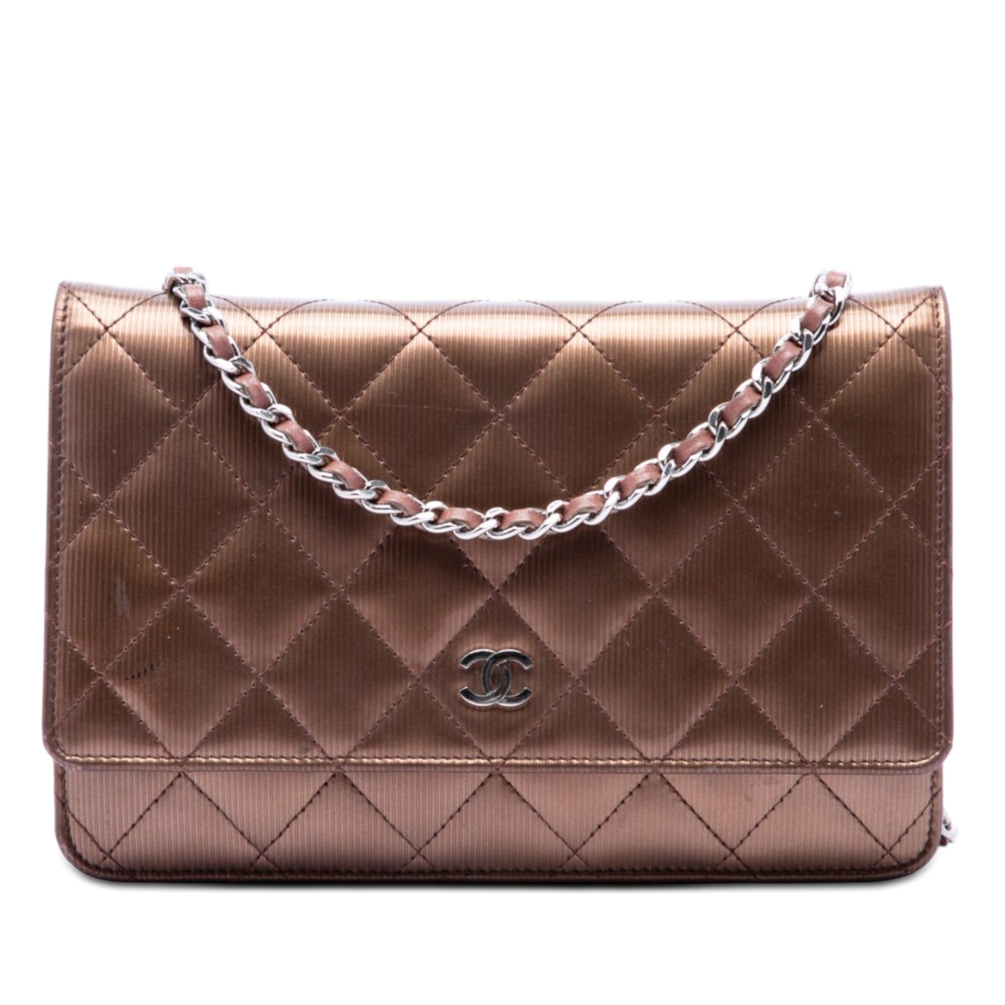 Chanel CC Quilted Striated Metallic Patent Wallet on Chain