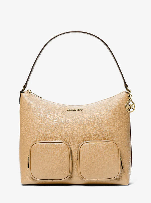 Michael Kors Merritt Large Pebbled Leather Cargo Shoulder Bag Camel