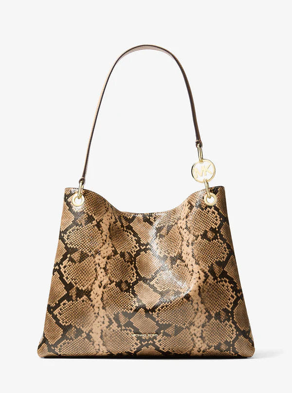 Michael Kors Christina Large Snake Embossed Shoulder Bag Camel