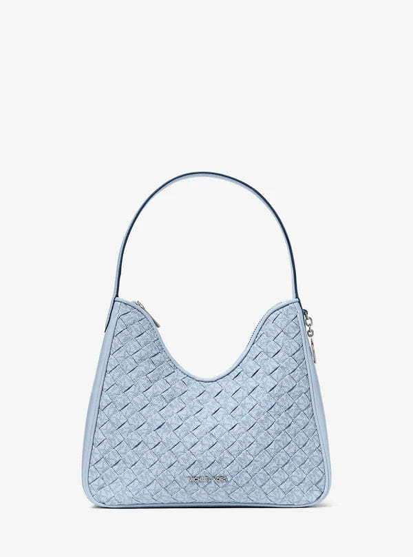 Michael Kors Nayla Small Woven Signature Logo Hobo Shoulder Bag Pale Ocean