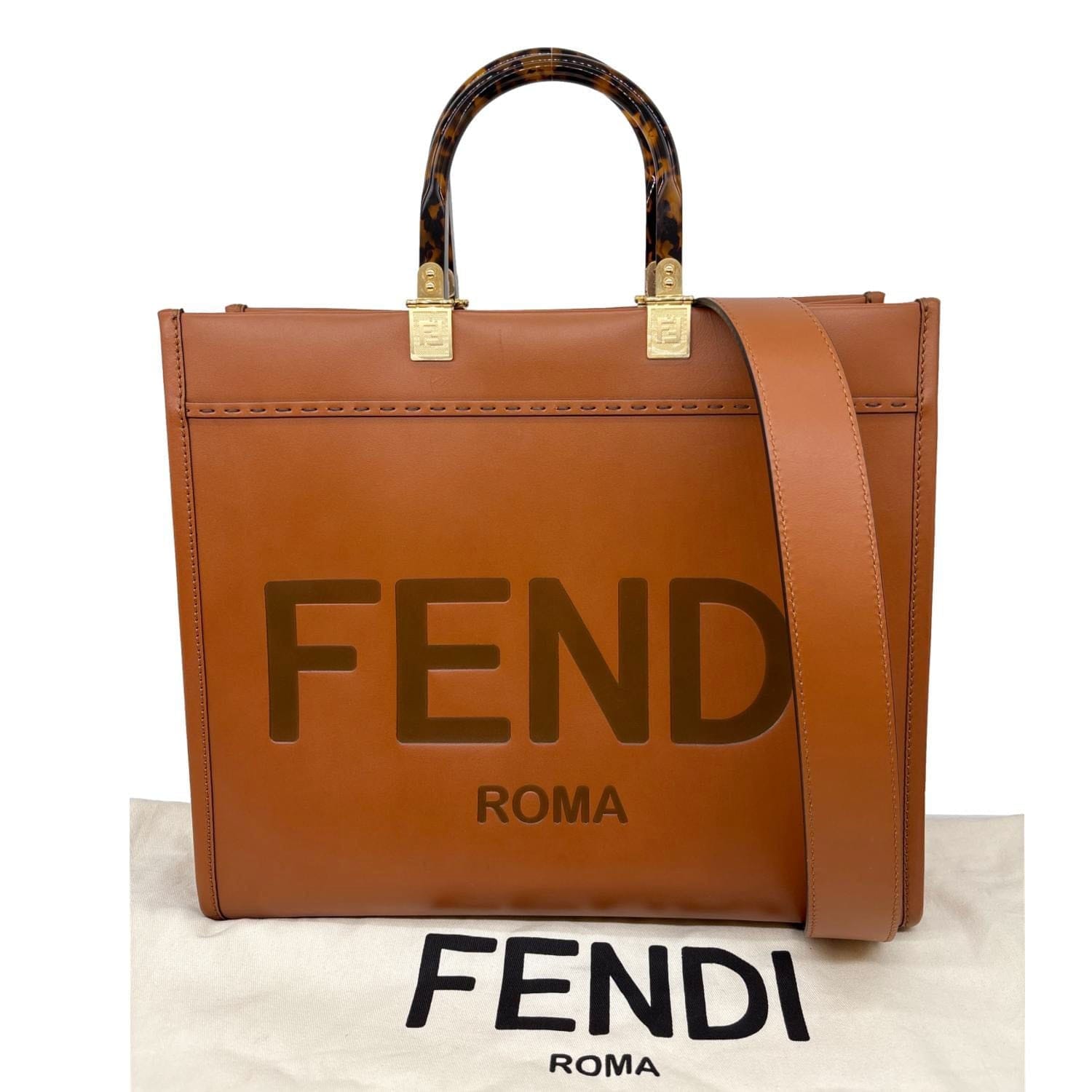 FENDI Sunshine Medium Leather Shopper Tote Bag Brown