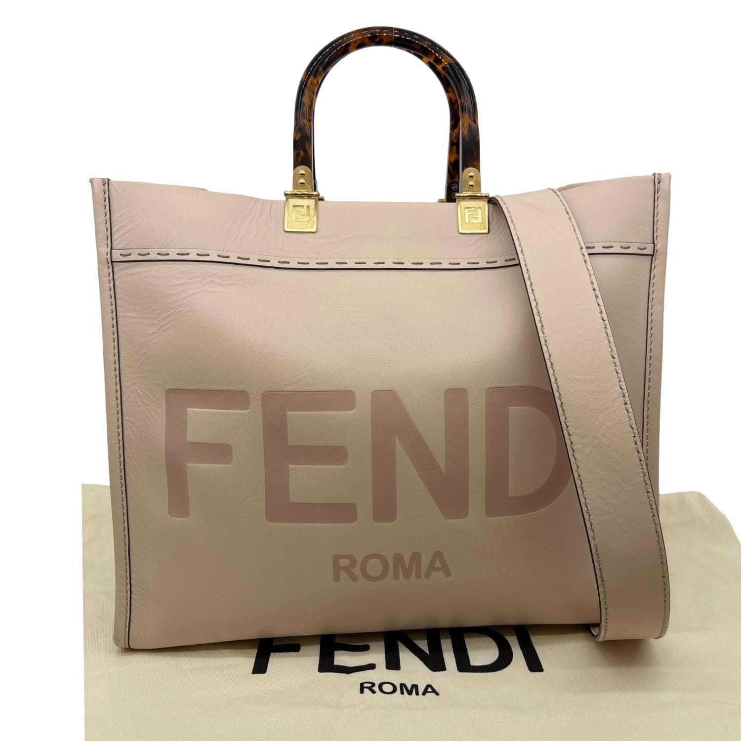FENDI Sunshine Medium Leather Shopper Tote Bag Nude