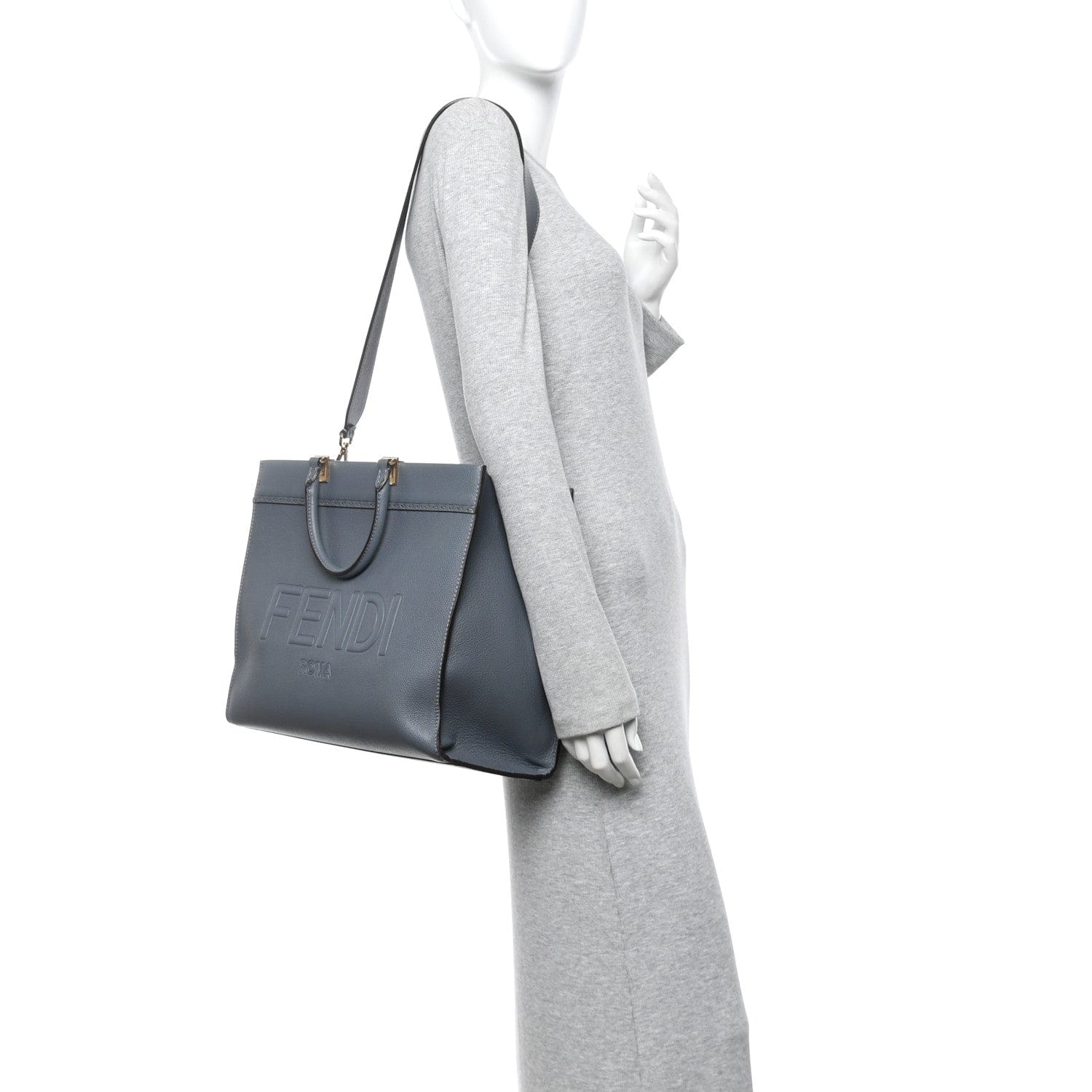 Fendi Vitello Cher Logo Debossed Medium Fendi Sunshine Shopper Tote Real Tempesta