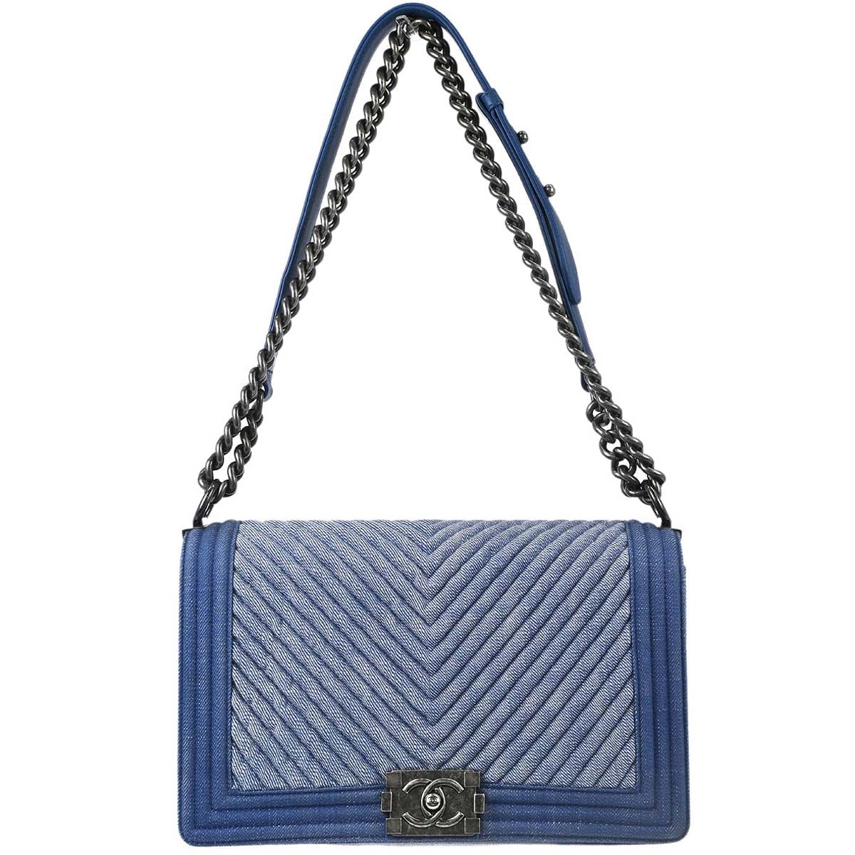 Chanel Boy Chanel 2014 - 2015 Blue Denim Chevron Medium Shoulder Bag