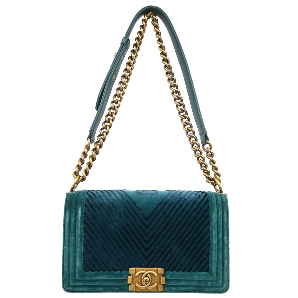 Chanel Boy Chanel 2017 - 2018 Green Velvet Chevron Medium Shoulder Bag