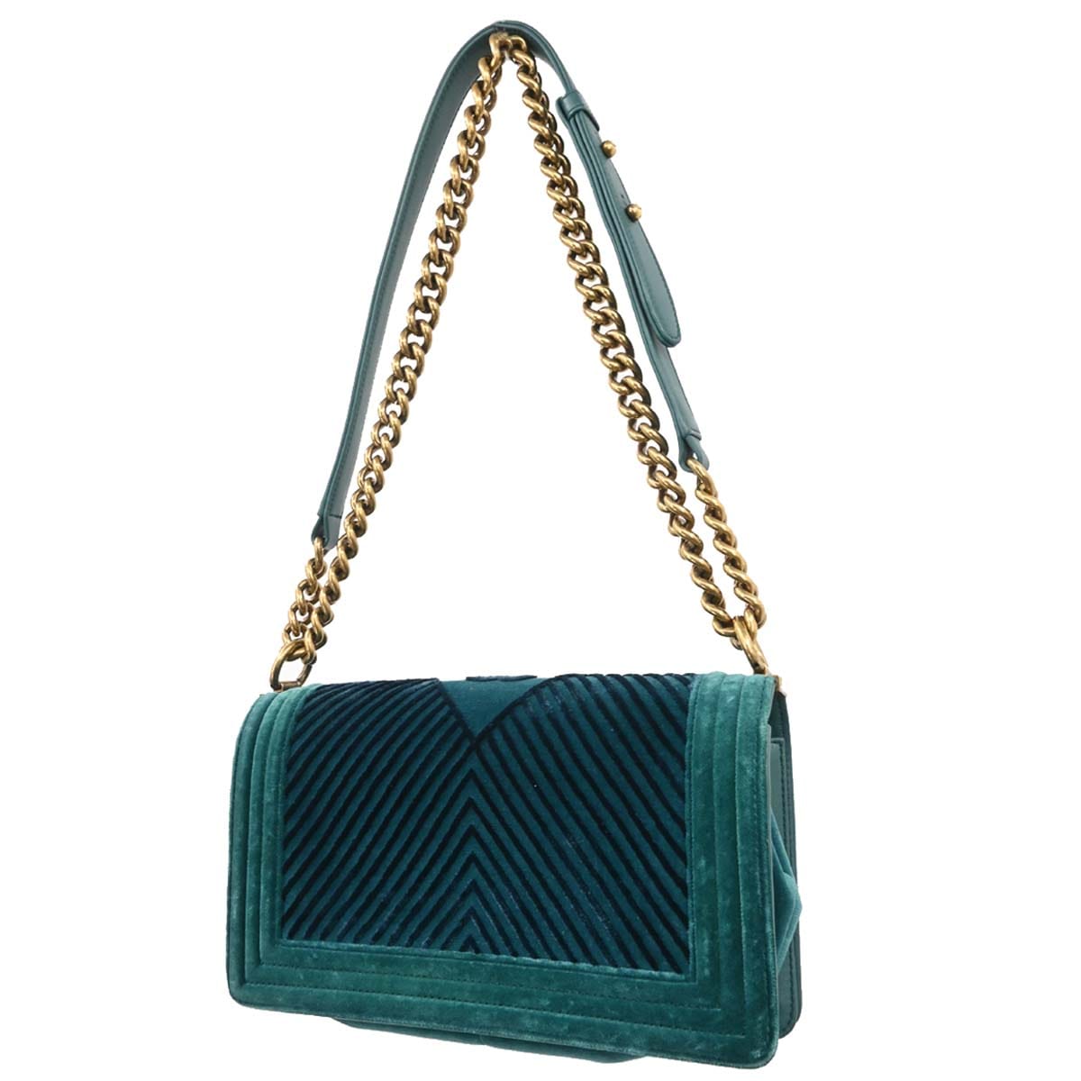 Chanel Boy Chanel 2017 - 2018 Green Velvet Chevron Medium Shoulder Bag