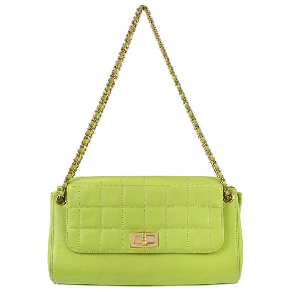 Chanel 2001 - 2003 Green Lambskin Choco Bar Mademoiselle Lock Shoulder Bag