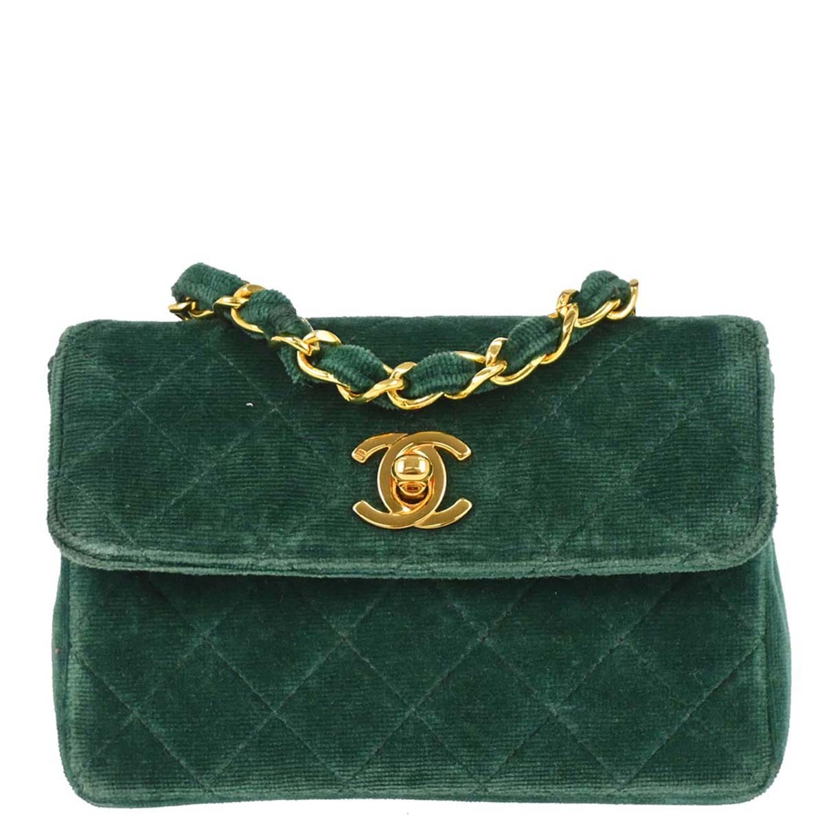 Chanel Green Velvet Straight Flap Shoulder Bag