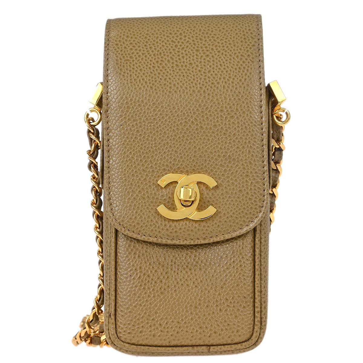 Chanel 1994 - 1996 Beige Caviar Skin Chain Shoulder Bag Pochette Phone Case