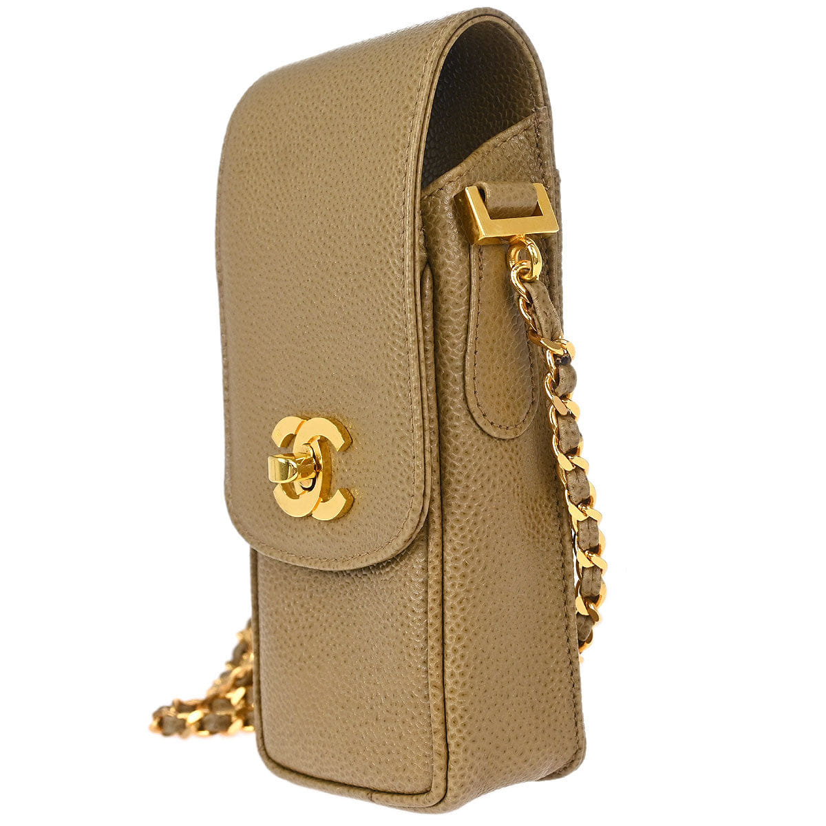 Chanel 1994 - 1996 Beige Caviar Skin Chain Shoulder Bag Pochette Phone Case