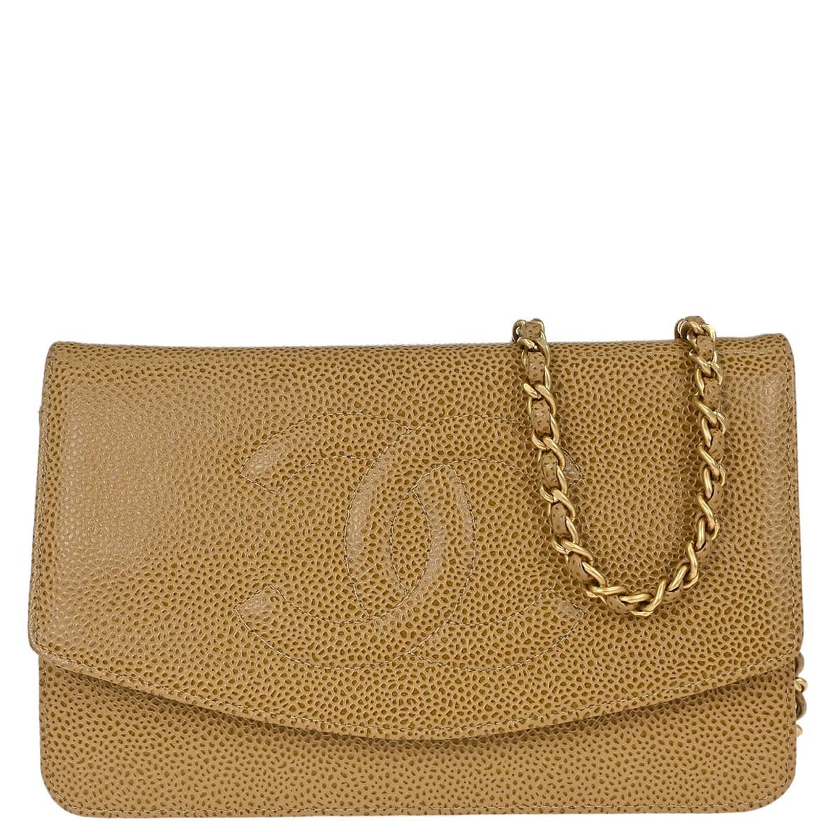 Chanel 2000 - 2002 Beige Caviar Skin Timeless WOC Wallet on Chain Shoulder Bag
