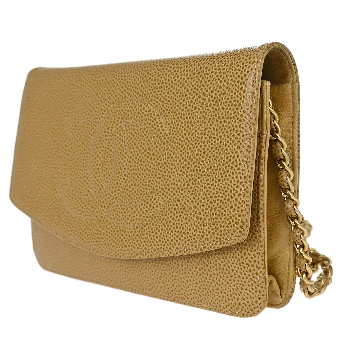 Chanel 2000 - 2002 Beige Caviar Skin Timeless WOC Wallet on Chain Shoulder Bag