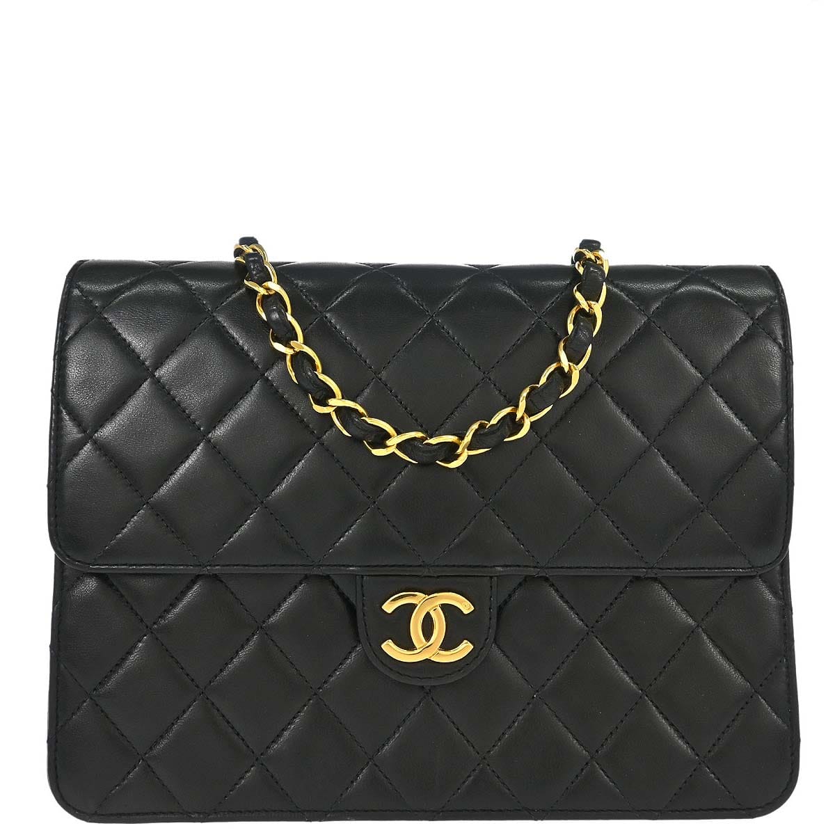 Chanel 1991 - 1994 Black Lambskin Pushlock Small Half Flap Shoulder Bag