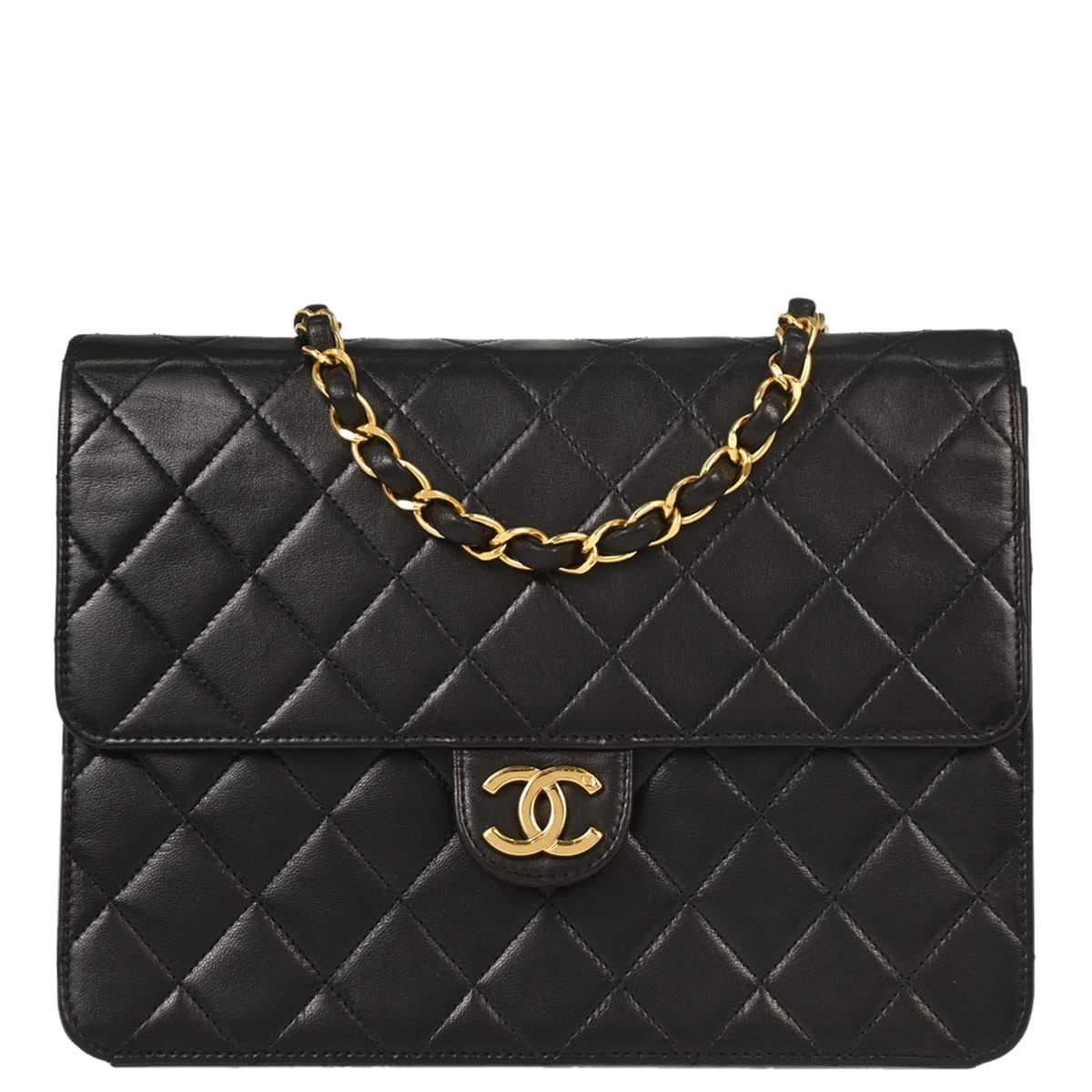 Chanel 1994 - 1996 Black Lambskin Pushlock Small Half Flap Shoulder Bag