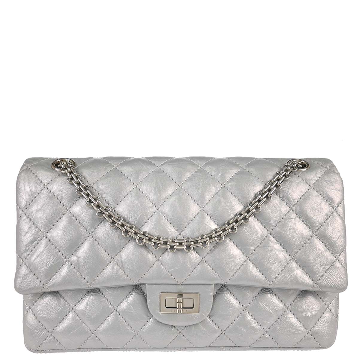 Chanel 2017 - 2018 Silver Calfskin 2.55 Double Flap Shoulder Bag