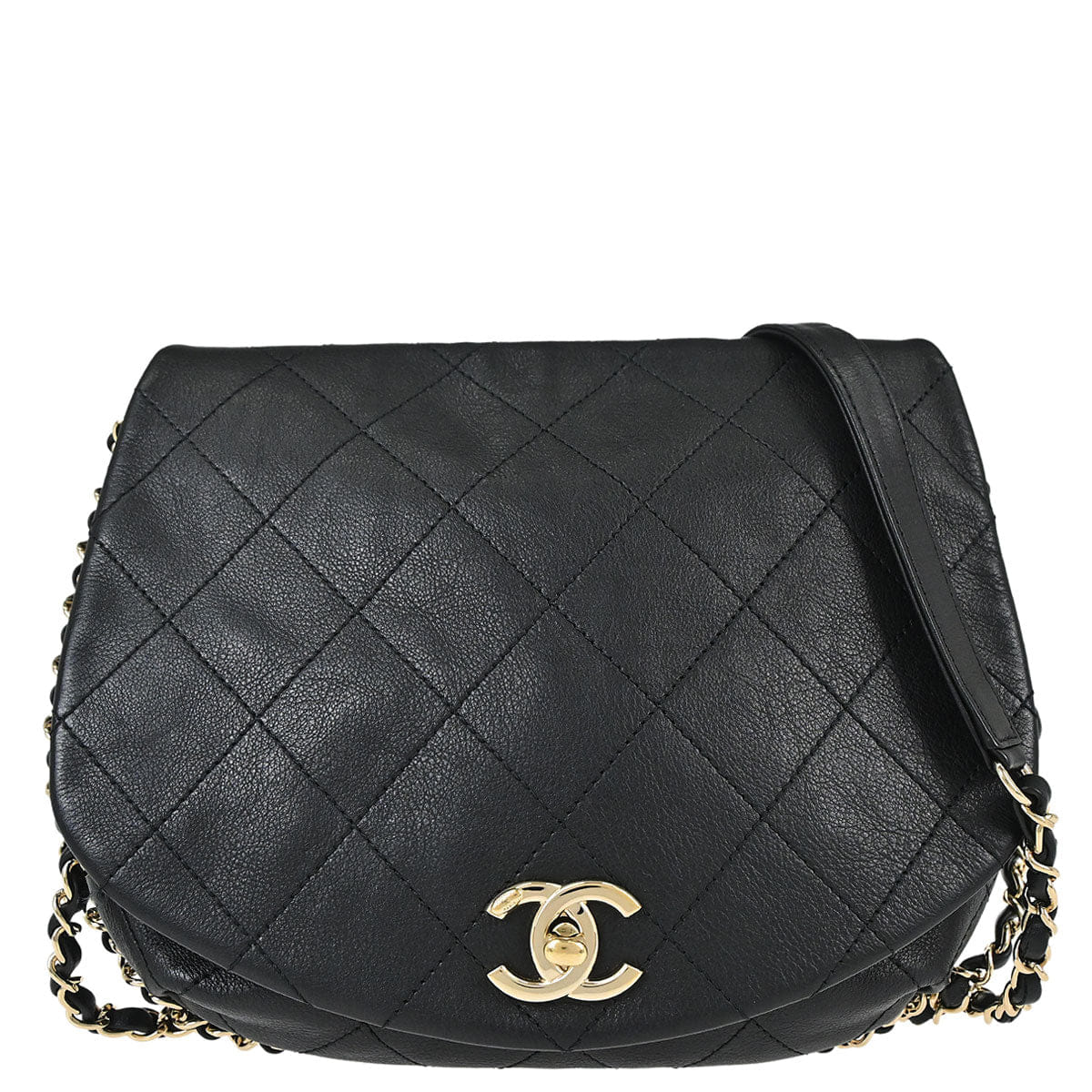Chanel 2019 Black Calfskin Chain Around Saddle Flap Shoulder Bag