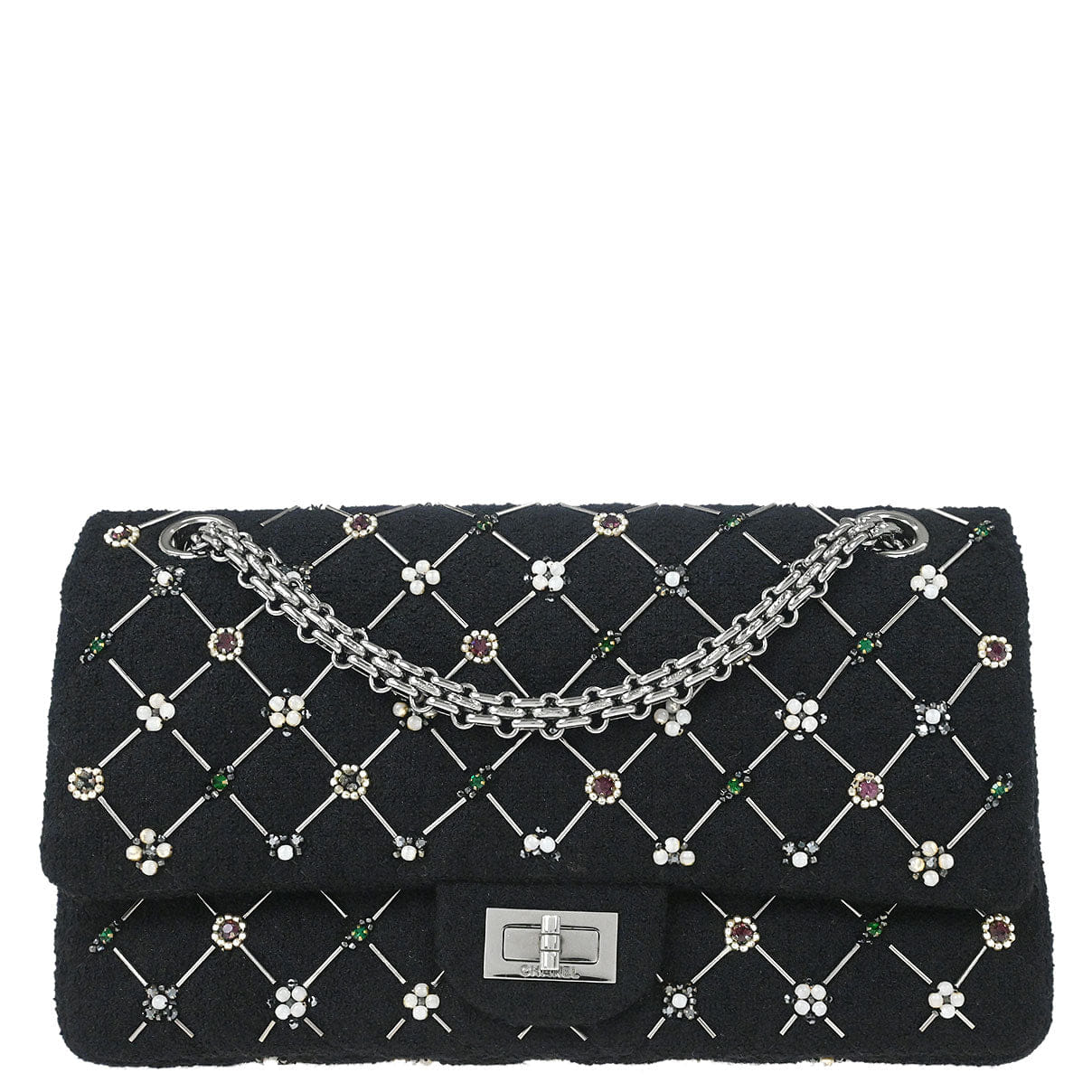 Chanel 2008 - 2009 Black Tweed 2.55 Medium Classic Double Flap Shoulder Bag
