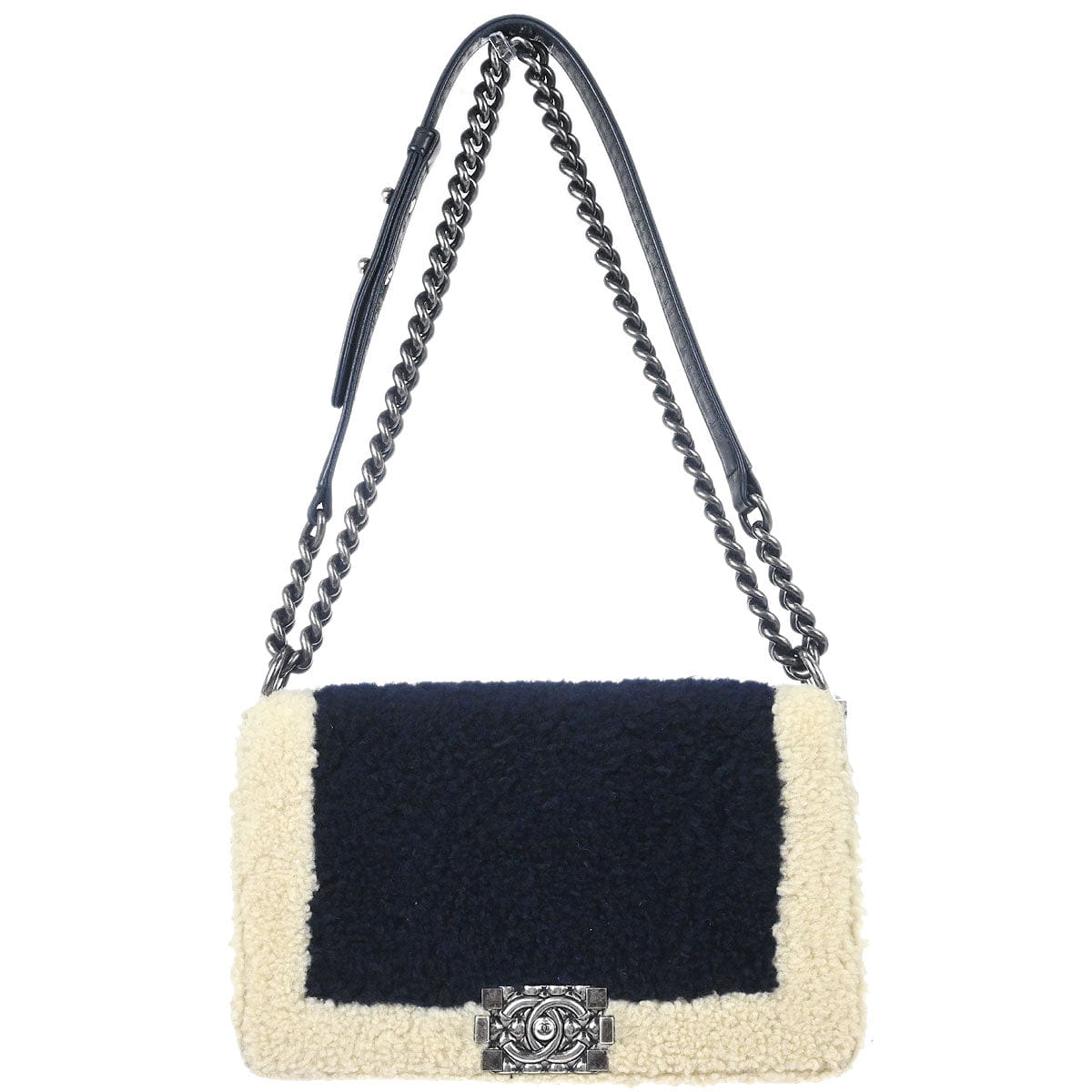 Chanel Boy Chanel 2015 - 2016 Black Shearling Medium Double Chain Shoulder Bag