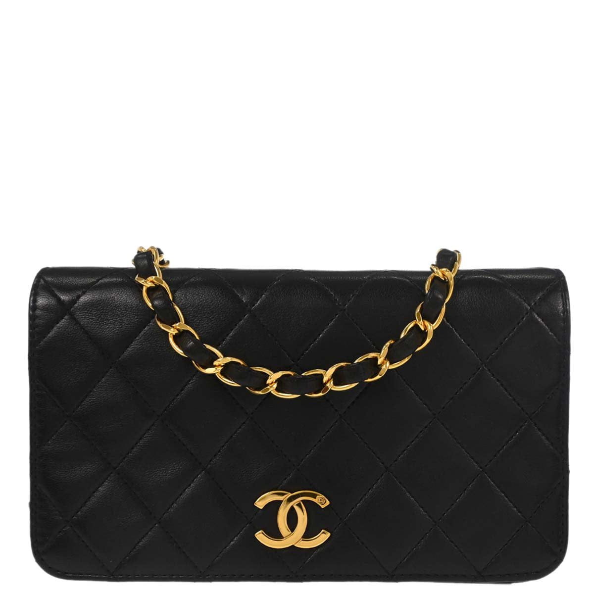 Chanel 1996 - 1997 Black Lambskin Pushlock Mini Full Flap Shoulder Bag