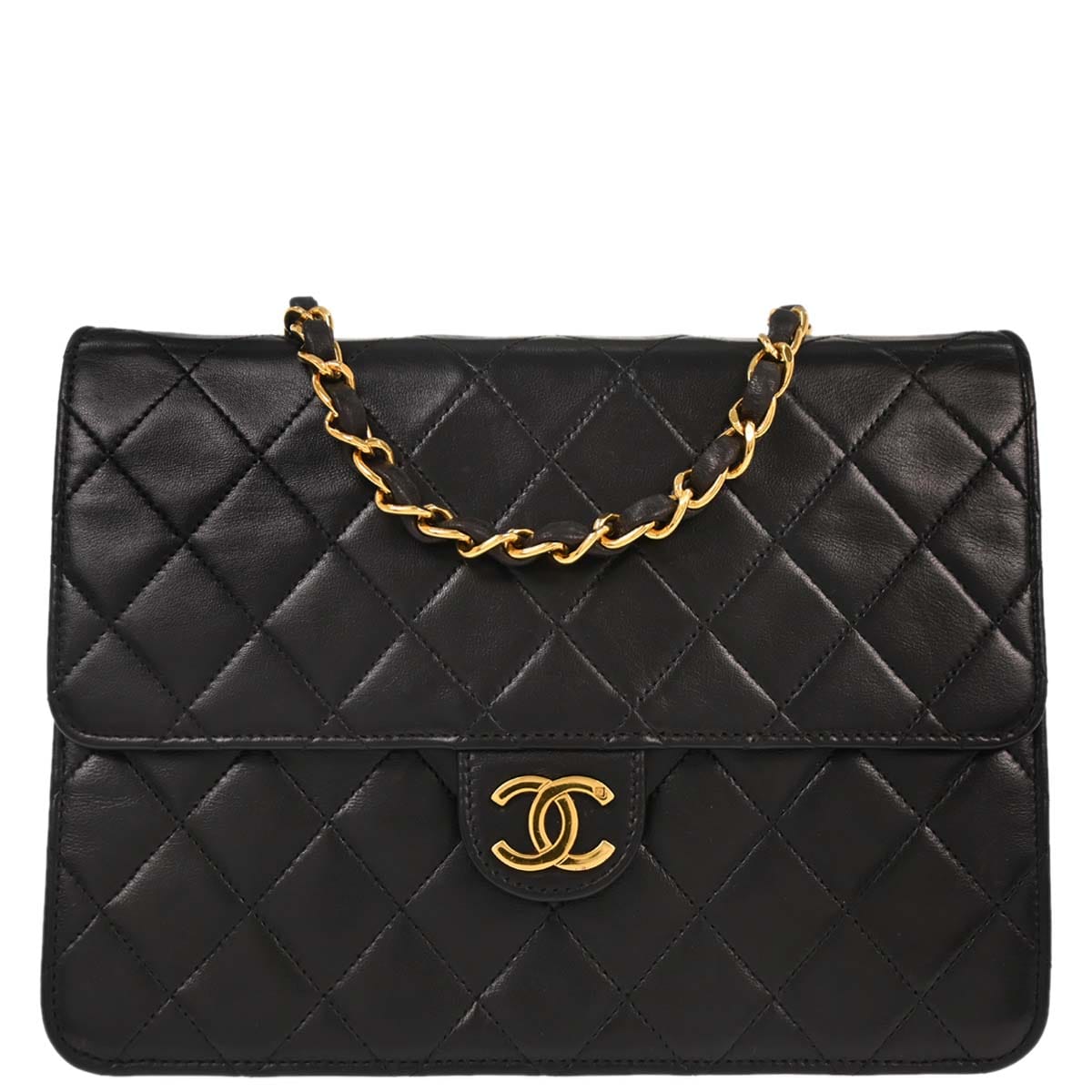 Chanel 1997 - 1999 Black Lambskin Pushlock Small Half Flap Shoulder Bag