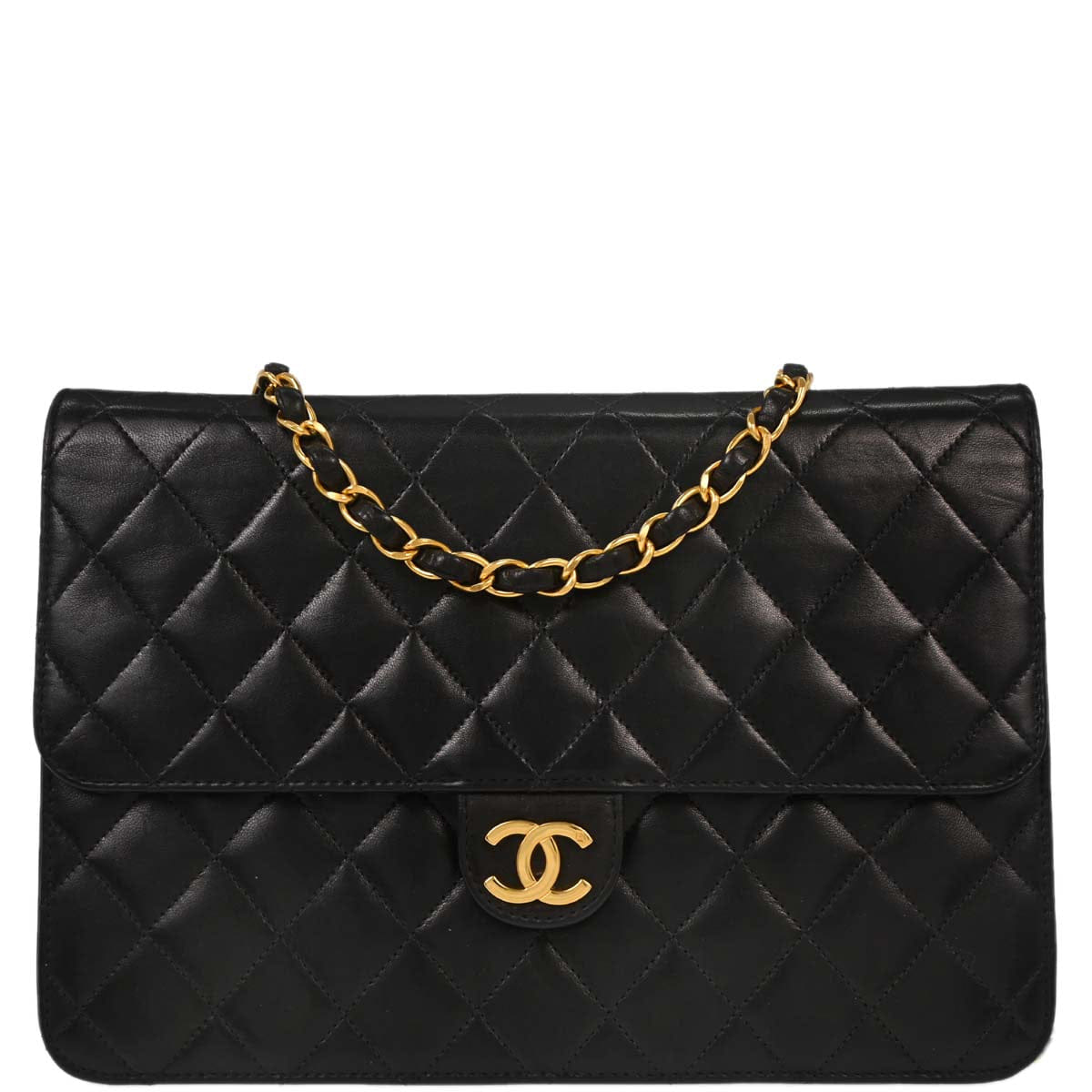 Chanel 1997 - 1999 Black Lambskin Pushlock Medium Half Flap Shoulder Bag