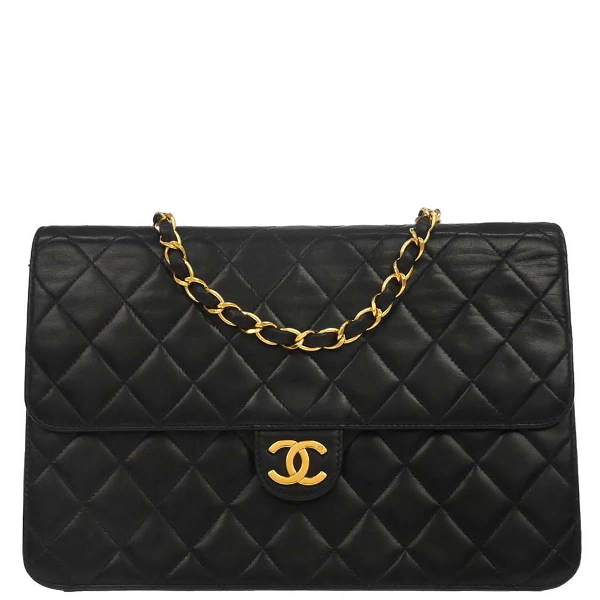 Chanel 1996 - 1997 Black Lambskin Pushlock Medium Half Flap Shoulder Bag
