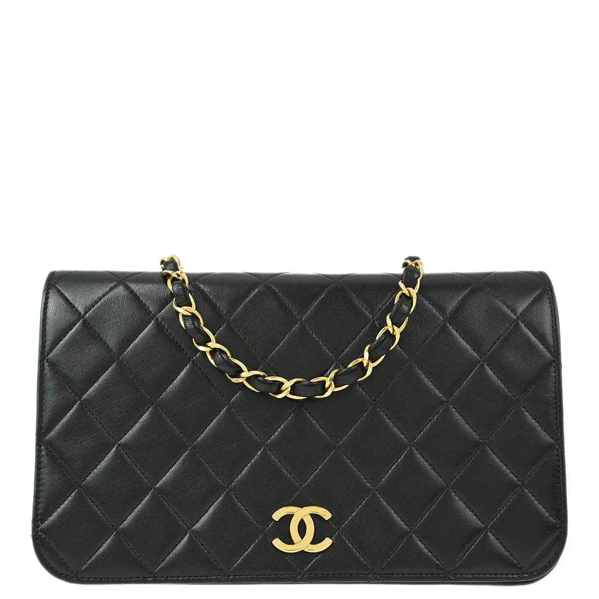 Chanel 1996 - 1997 Black Lambskin Pushlock Small Full Flap Shoulder Bag