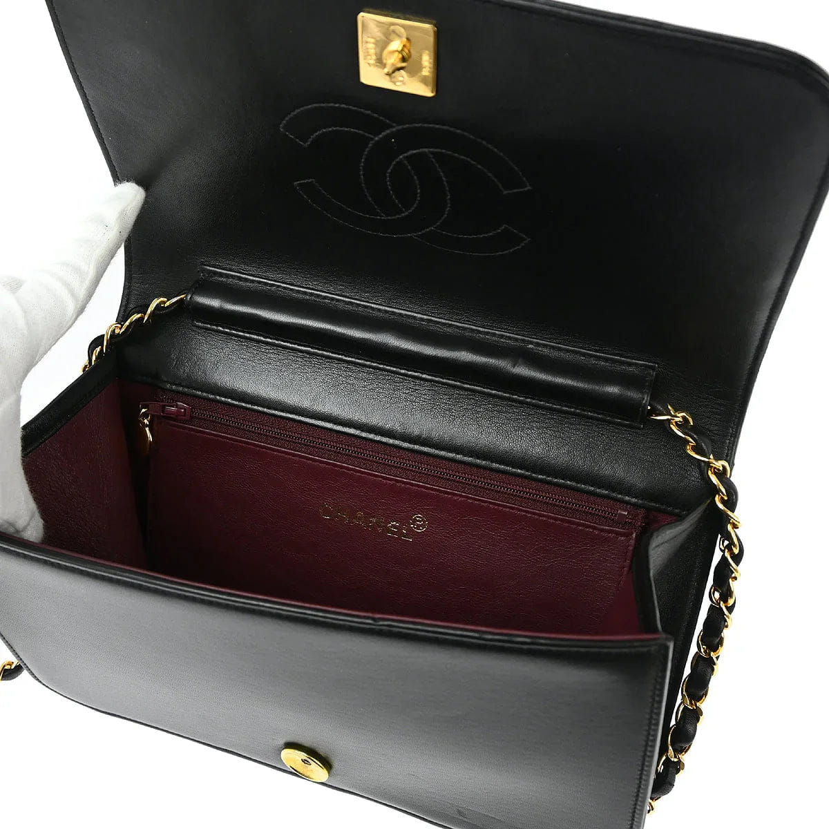 Chanel 1996 - 1997 Black Lambskin Pushlock Small Full Flap Shoulder Bag