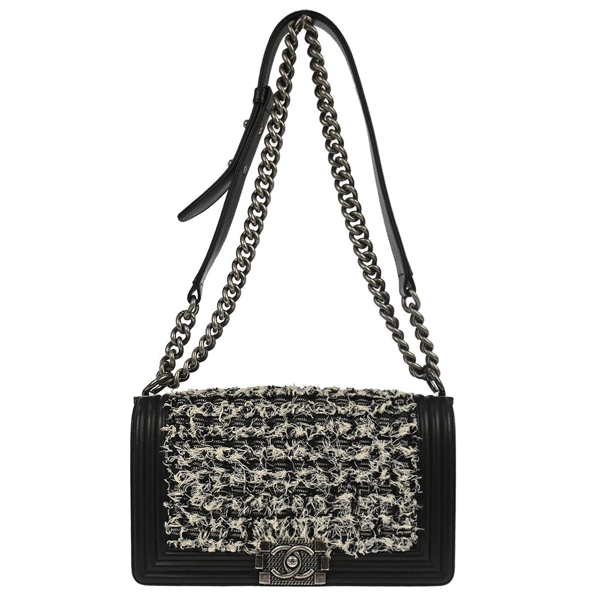 Chanel Boy Chanel 2017 Black Tweed Lambskin Medium Double Chain Shoulder Bag