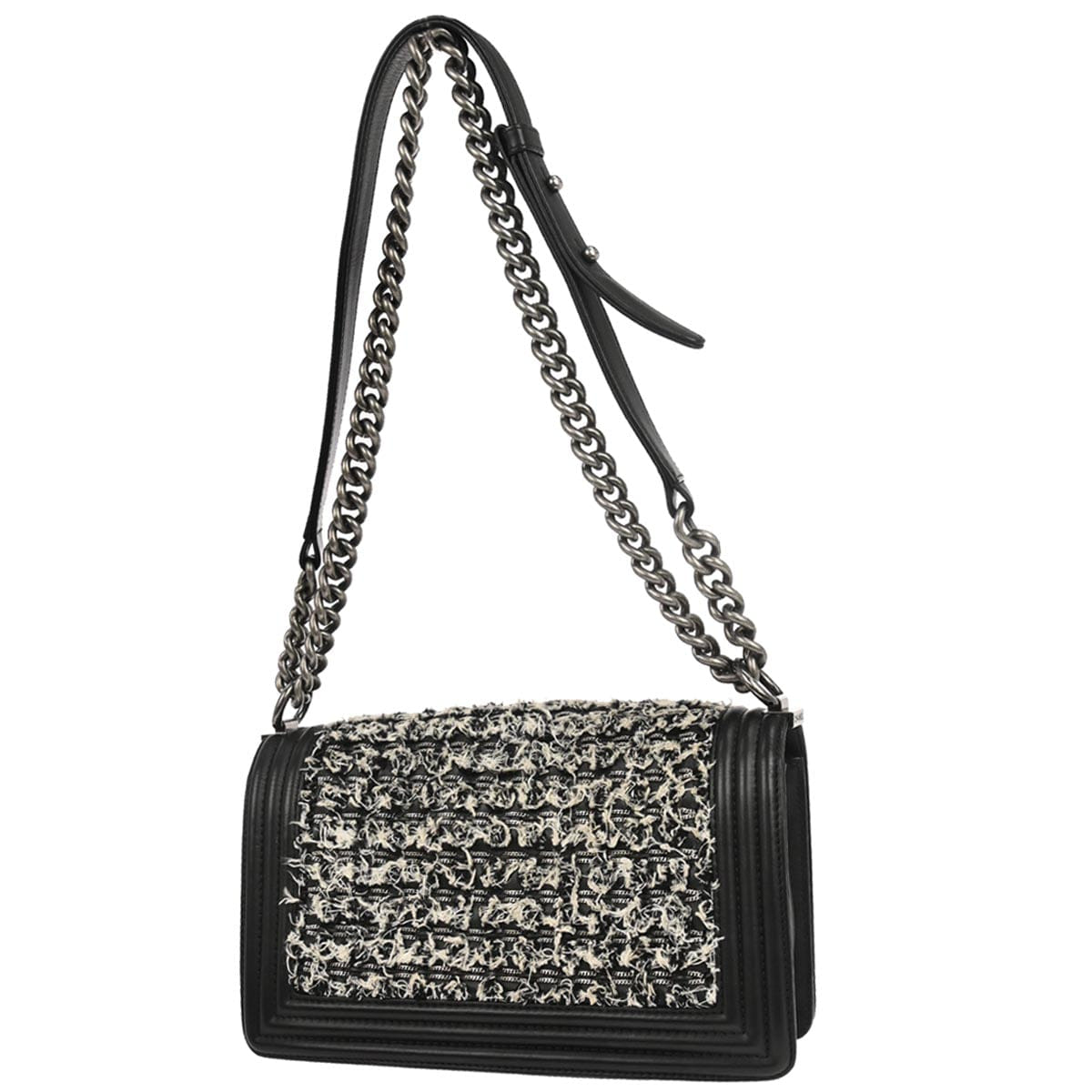 Chanel Boy Chanel 2017 Black Tweed Lambskin Medium Double Chain Shoulder Bag