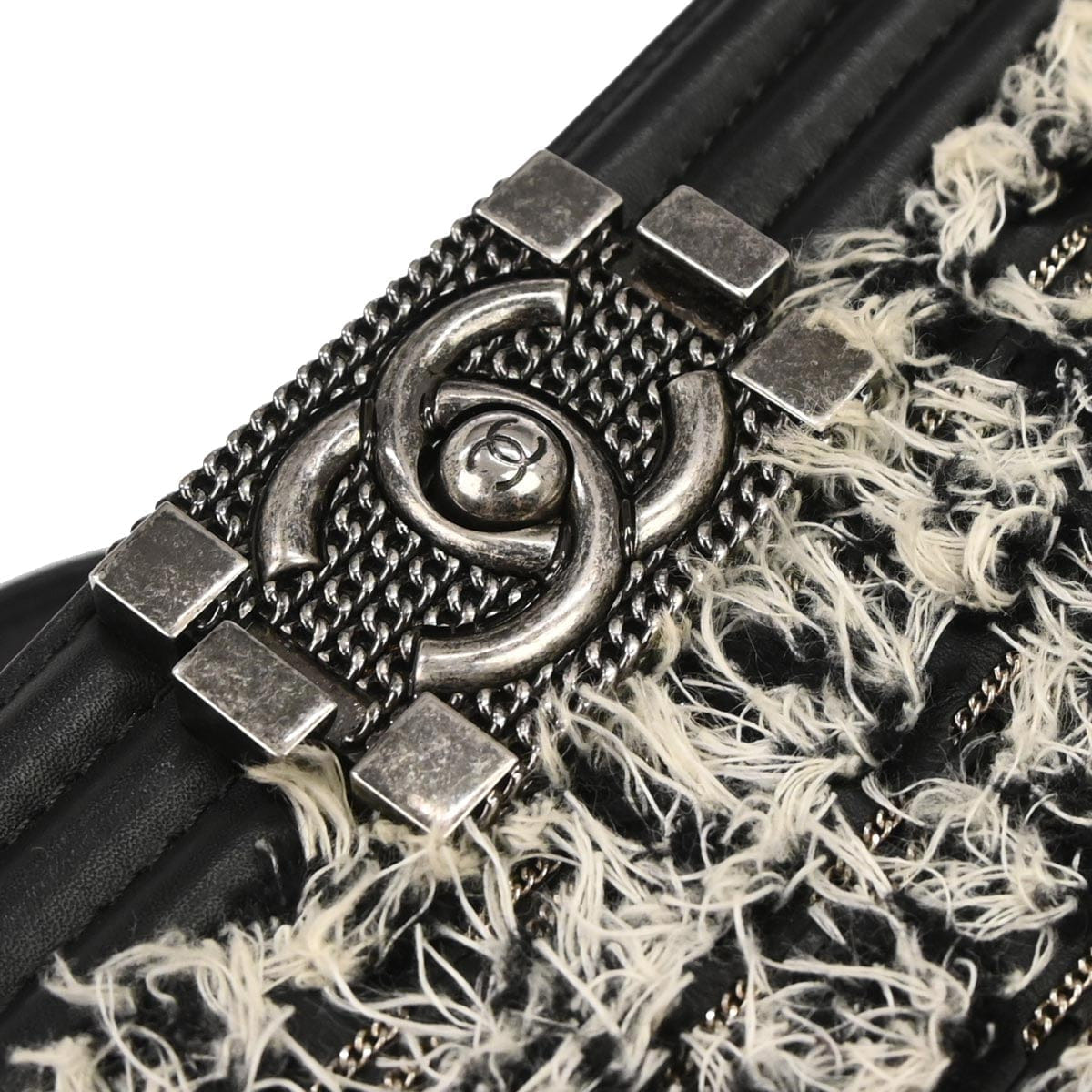 Chanel Boy Chanel 2017 Black Tweed Lambskin Medium Double Chain Shoulder Bag