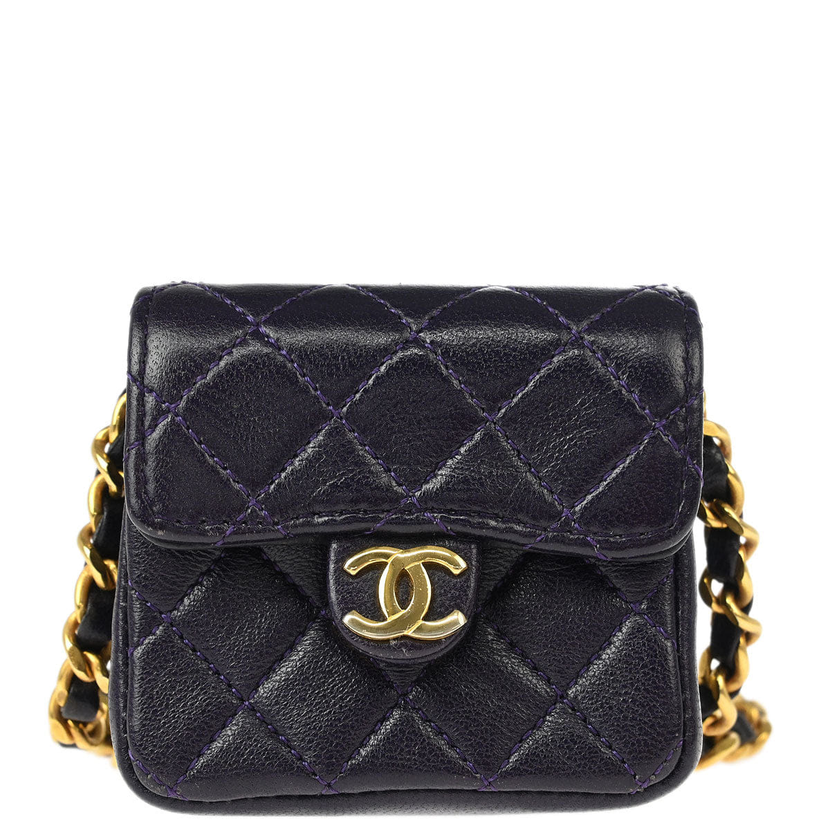 Chanel 1989 - 1991 Dark Purple Lambskin Micro Chain Shoulder Bag Pouch