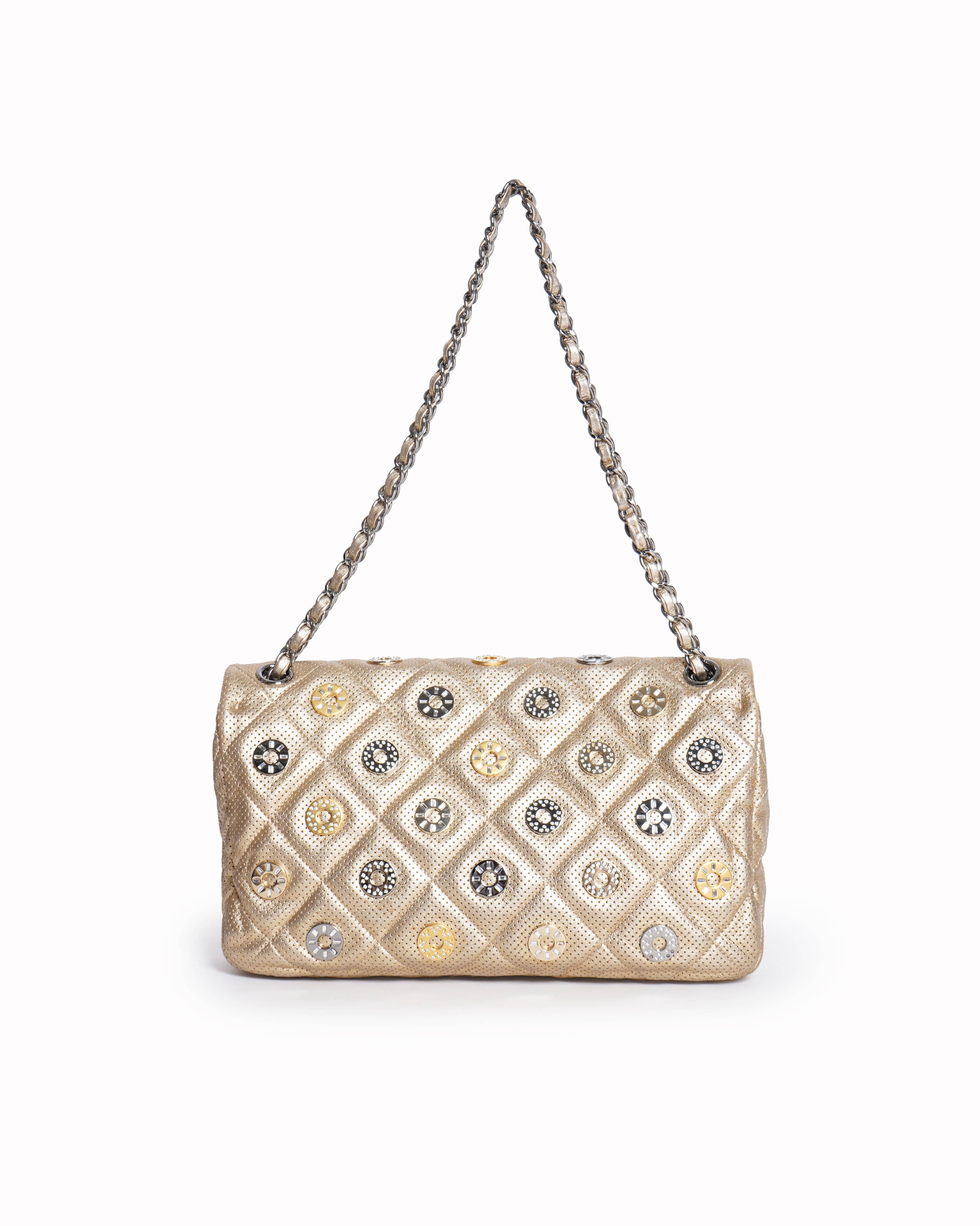 Chanel paris dubai perforated metallic lambskin medals flap shoulder bag in gold