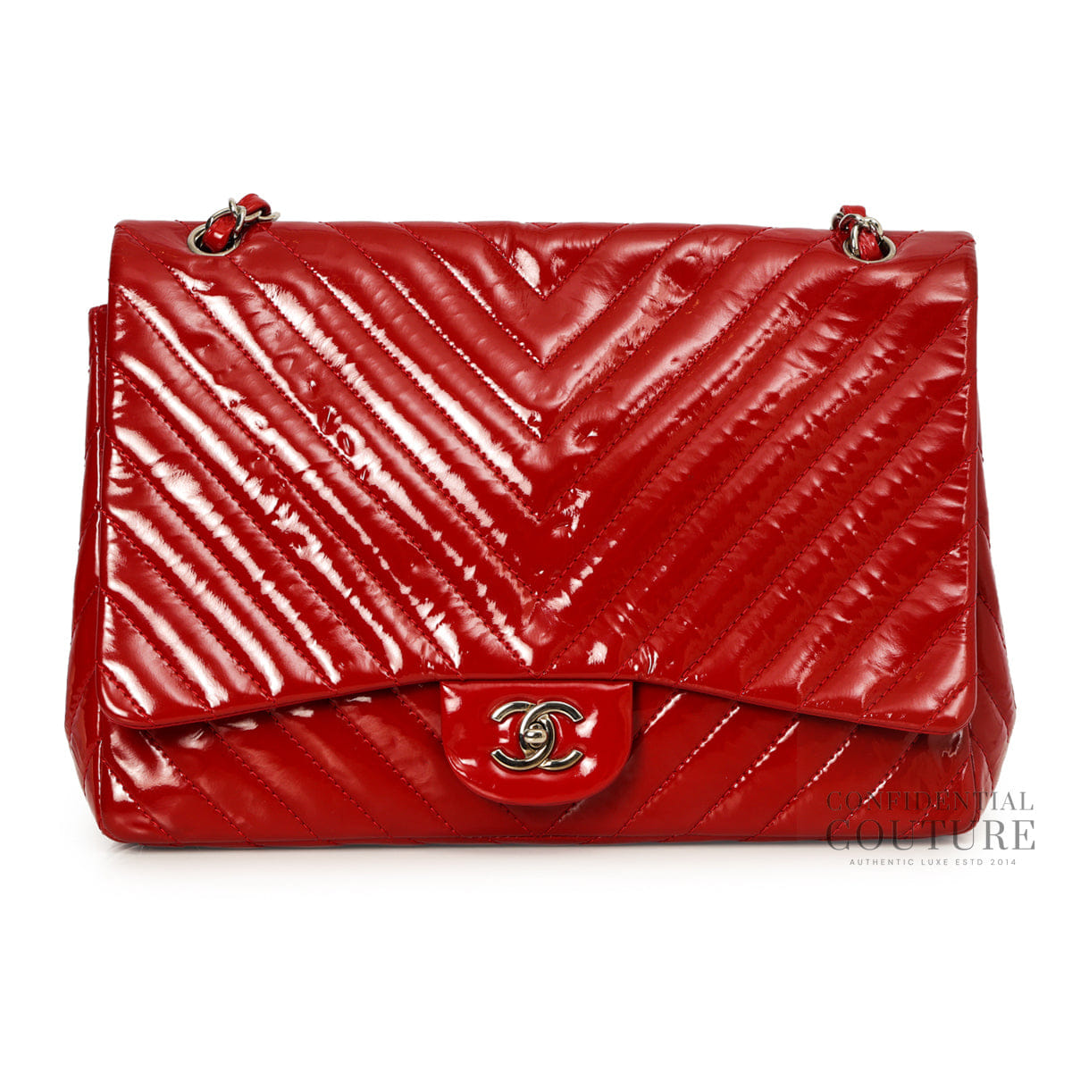 Chanel Red Chevron Quilted Patent Leather Maxi Flap Bag
