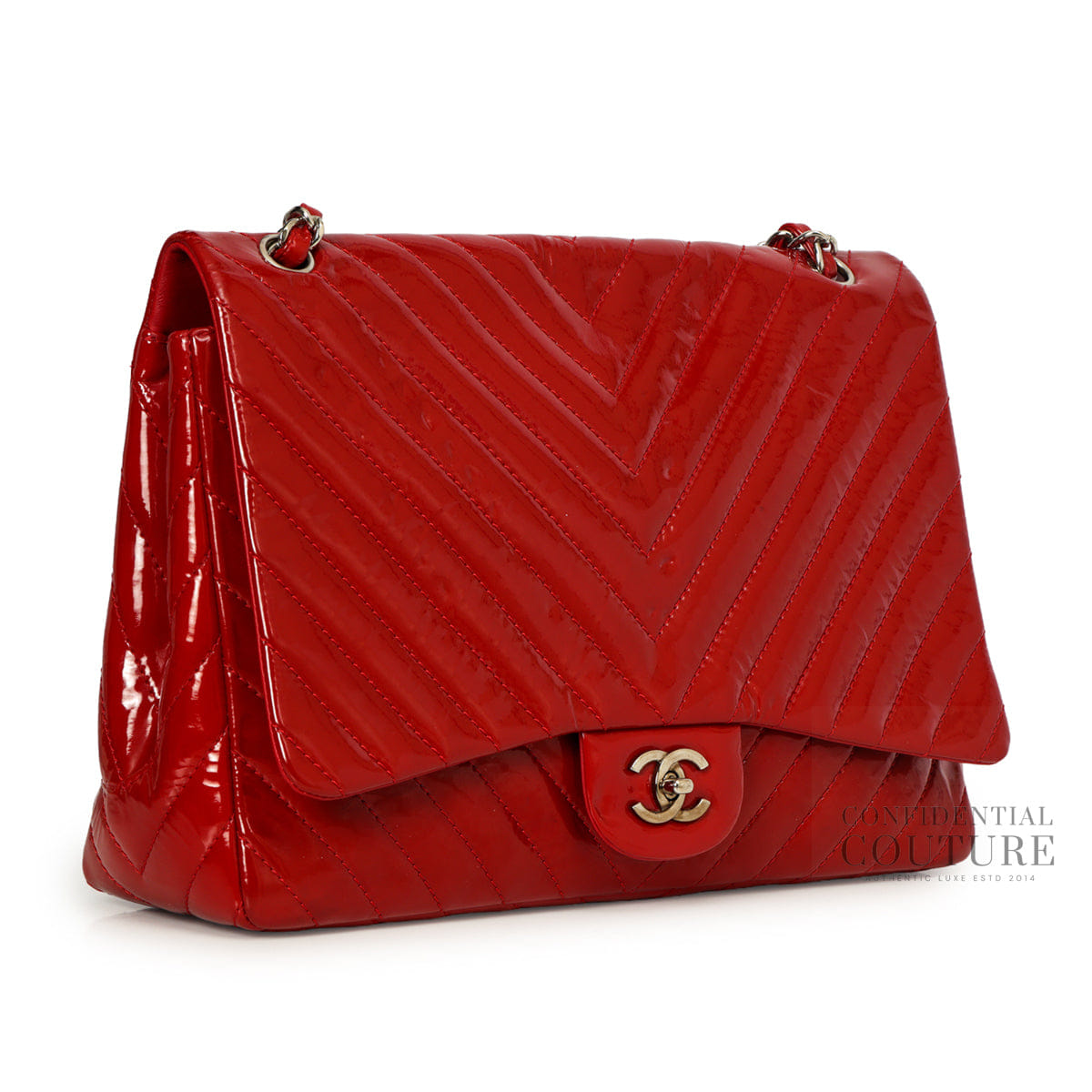 Chanel Red Chevron Quilted Patent Leather Maxi Flap Bag