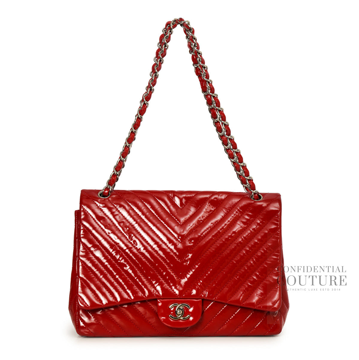 Chanel Red Chevron Quilted Patent Leather Maxi Flap Bag