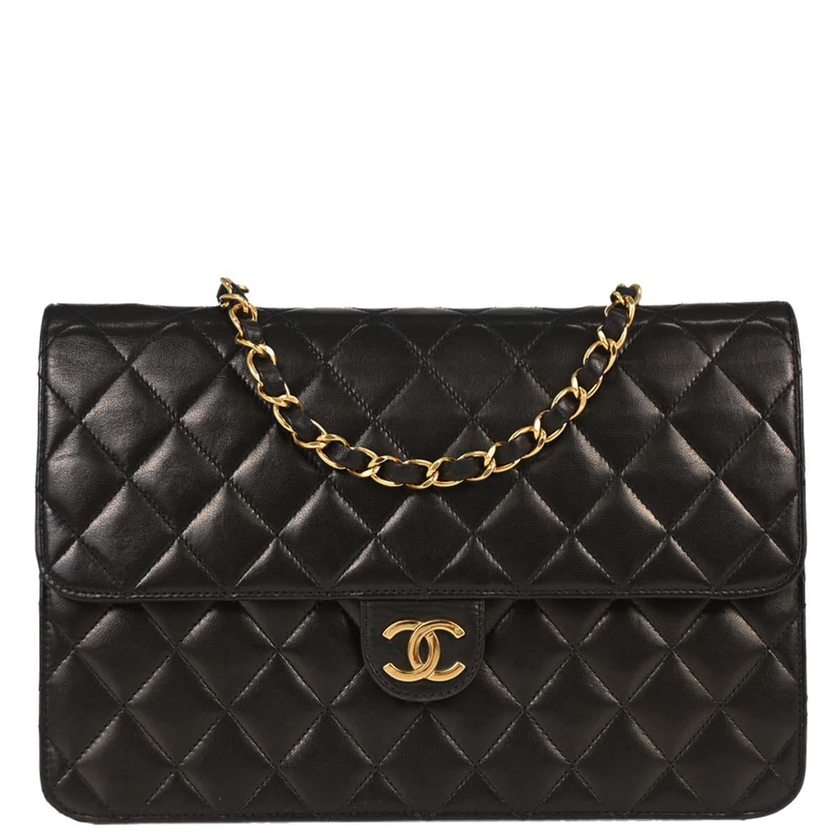 Chanel 1994 - 1996 Black Lambskin Pushlock Medium Half Flap Shoulder Bag