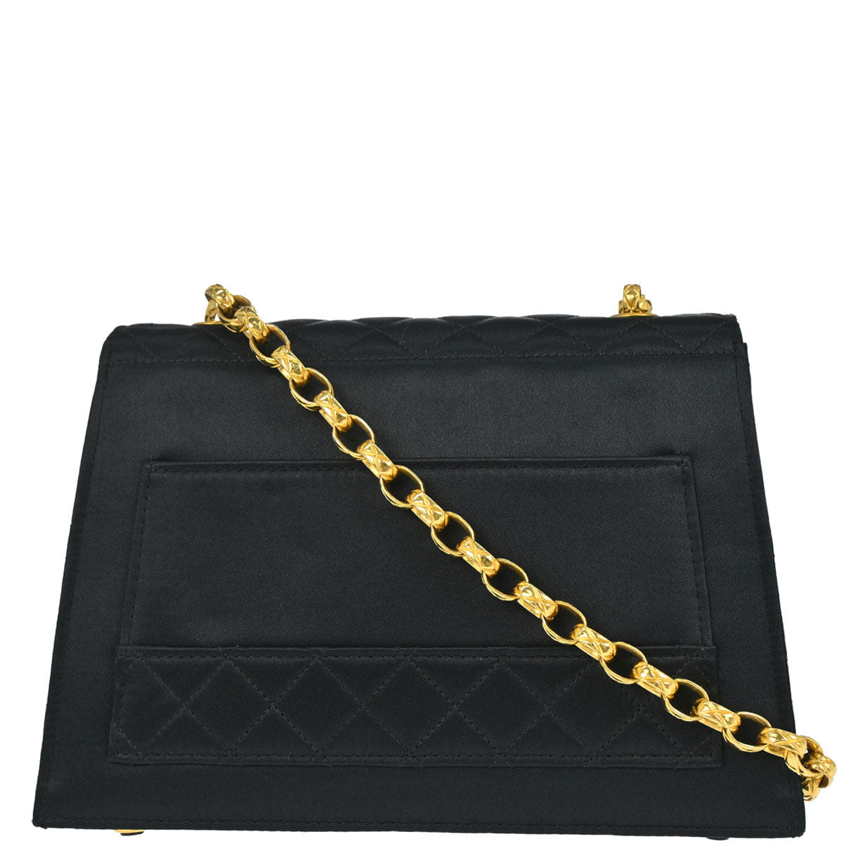 Chanel 1989 - 1991 Black Satin Straight Flap Shoulder Bag