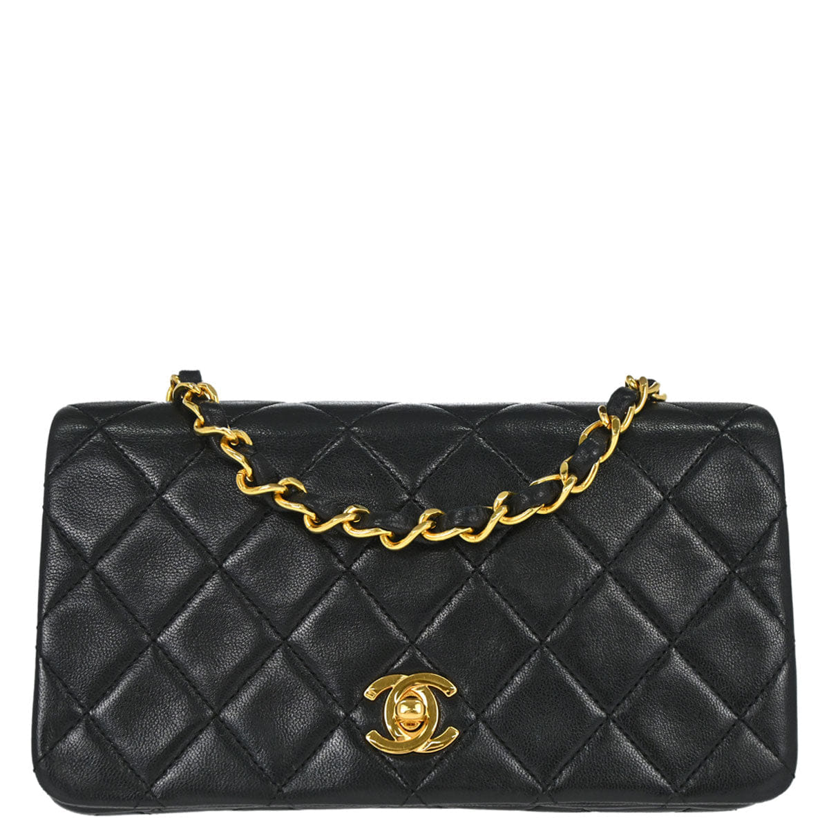 Chanel 1989 - 1991 Black Lambskin Turnlock Mini Full Flap Shoulder Bag