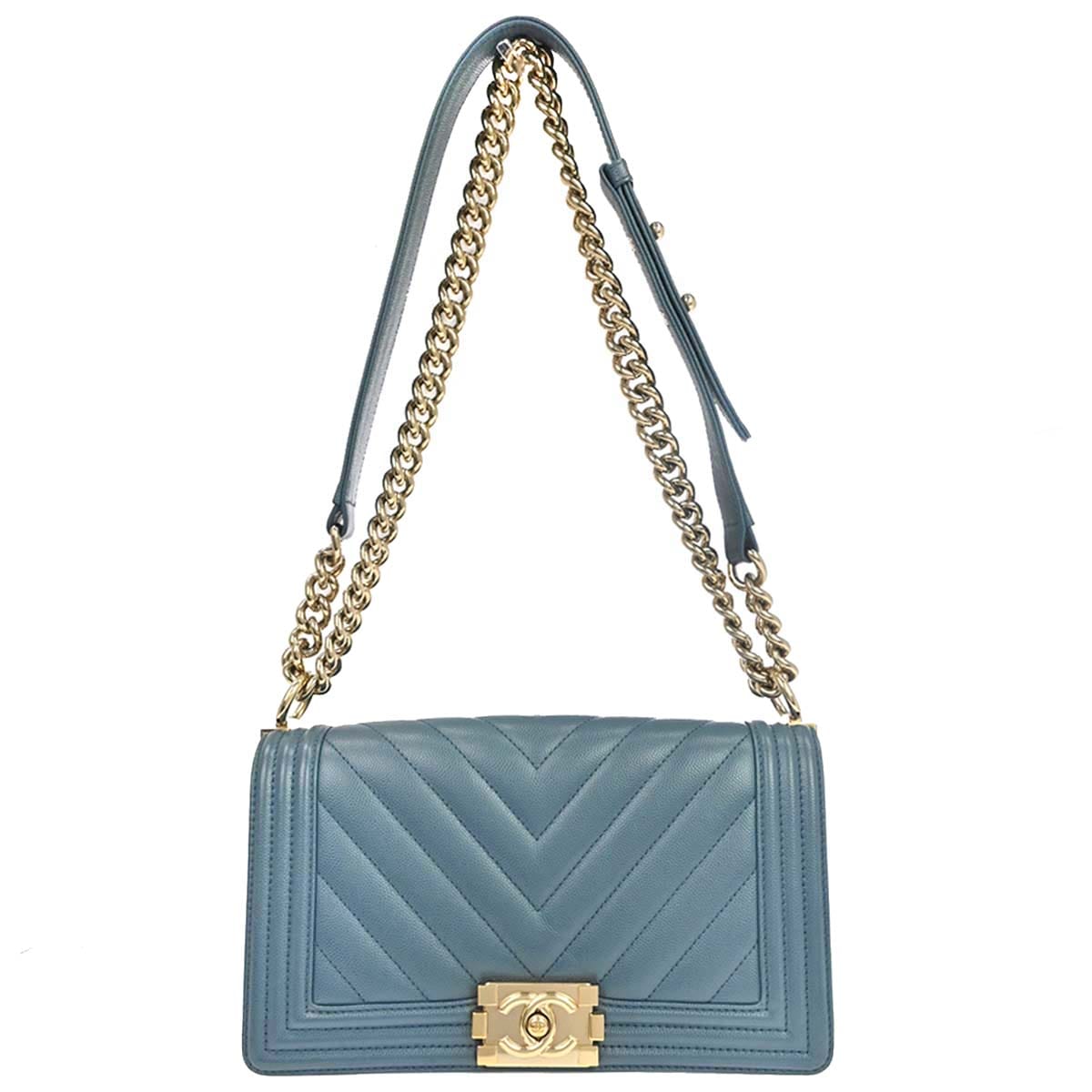 Chanel Boy Chanel 2018 Blue Caviar Skin Chevron Medium Shoulder Bag