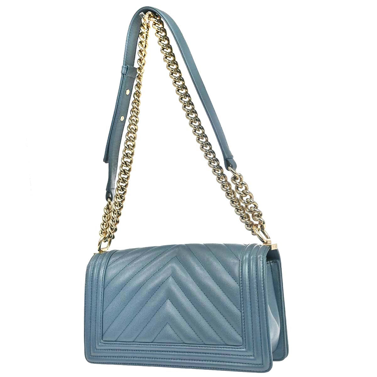 Chanel Boy Chanel 2018 Blue Caviar Skin Chevron Medium Shoulder Bag