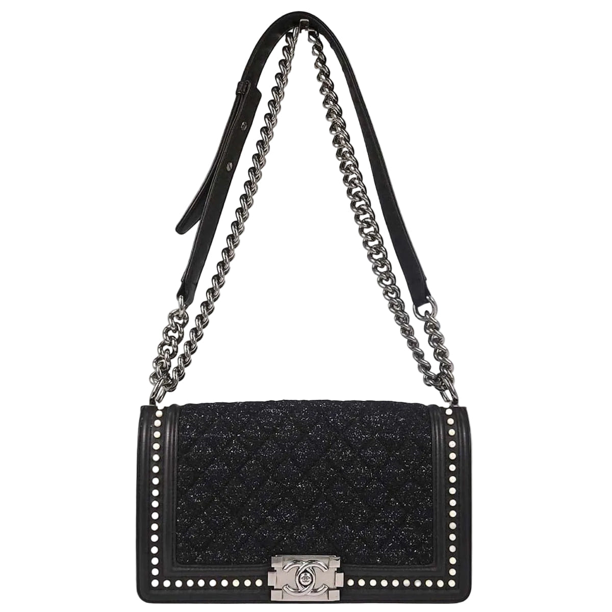 Chanel Boy Chanel 2018 - 2019 Black Tweed Calfskin Costume Pearl Medium Shoulder Bag