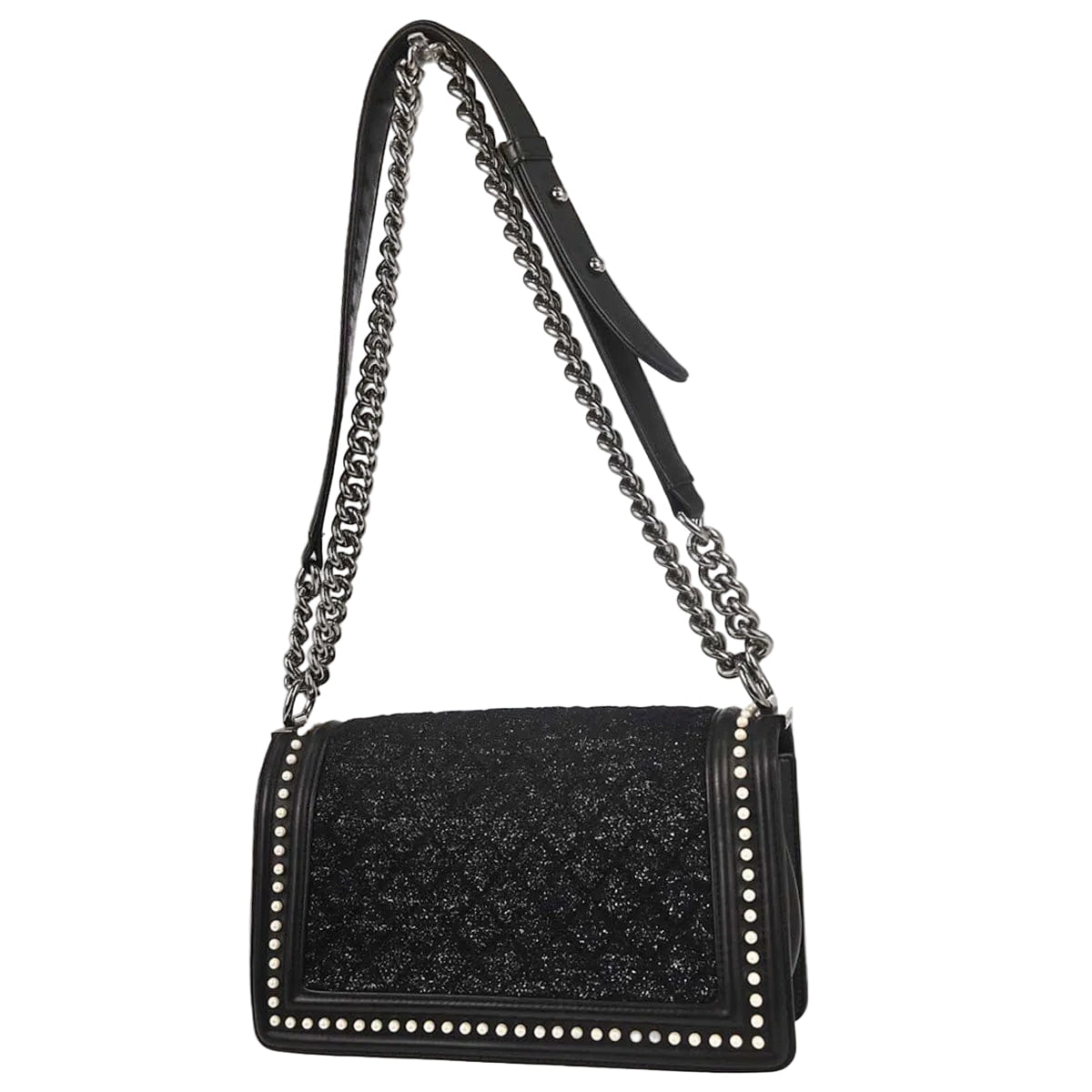 Chanel Boy Chanel 2018 - 2019 Black Tweed Calfskin Costume Pearl Medium Shoulder Bag